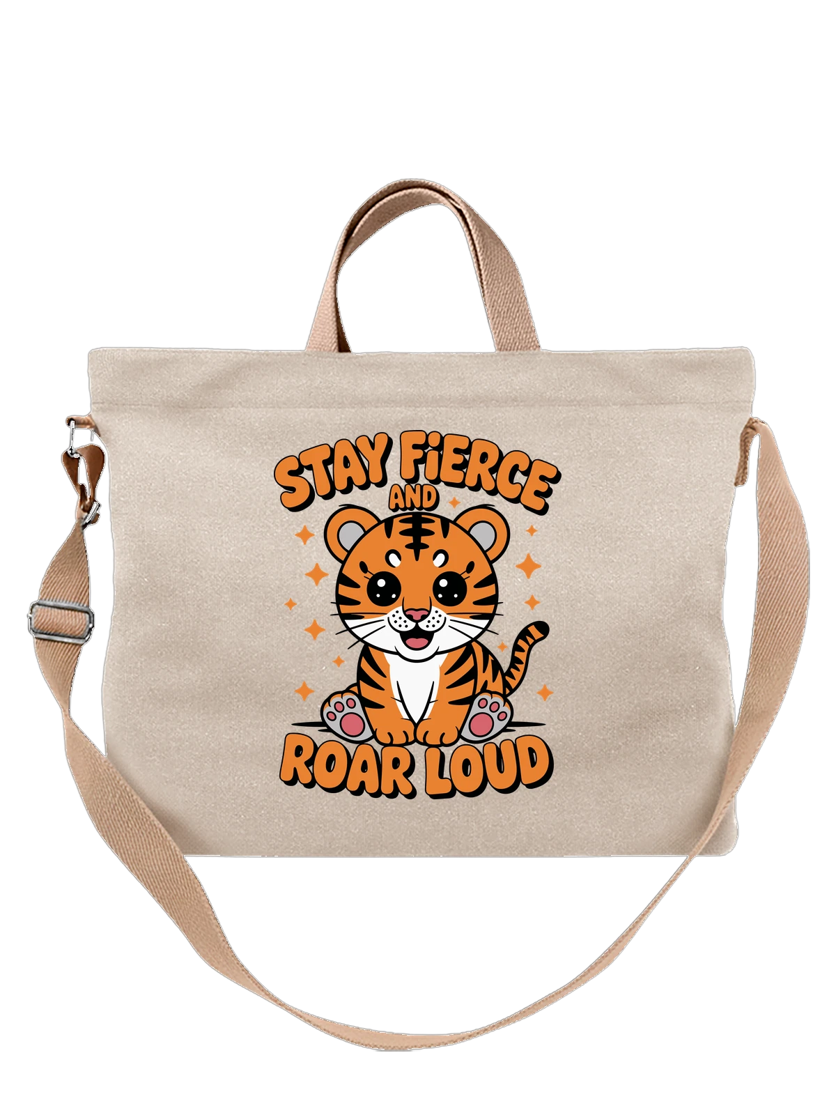 Сумка бежевая с принтом Милый тигренок с надписью Stay Fierce — cute tiger design — Бежевая, фото 1