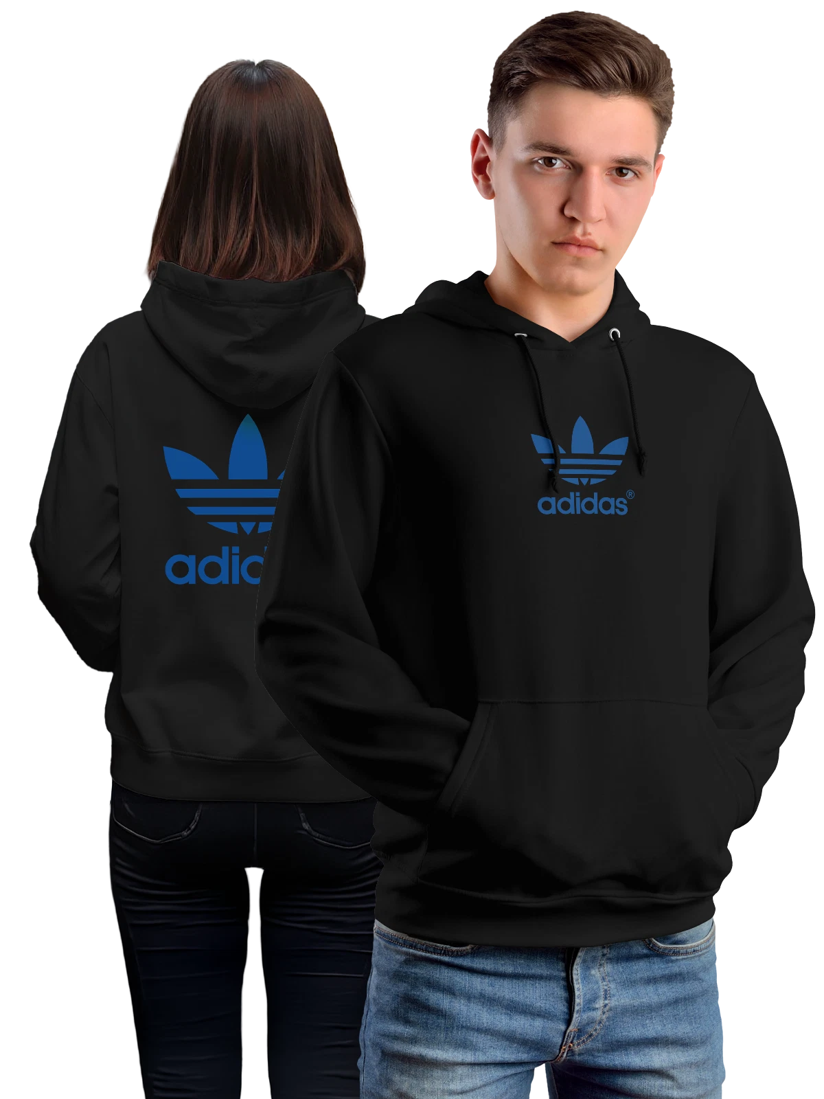 Худи Adidas чёрное с принтом — яркий синий принт — Чёрная, фото 1