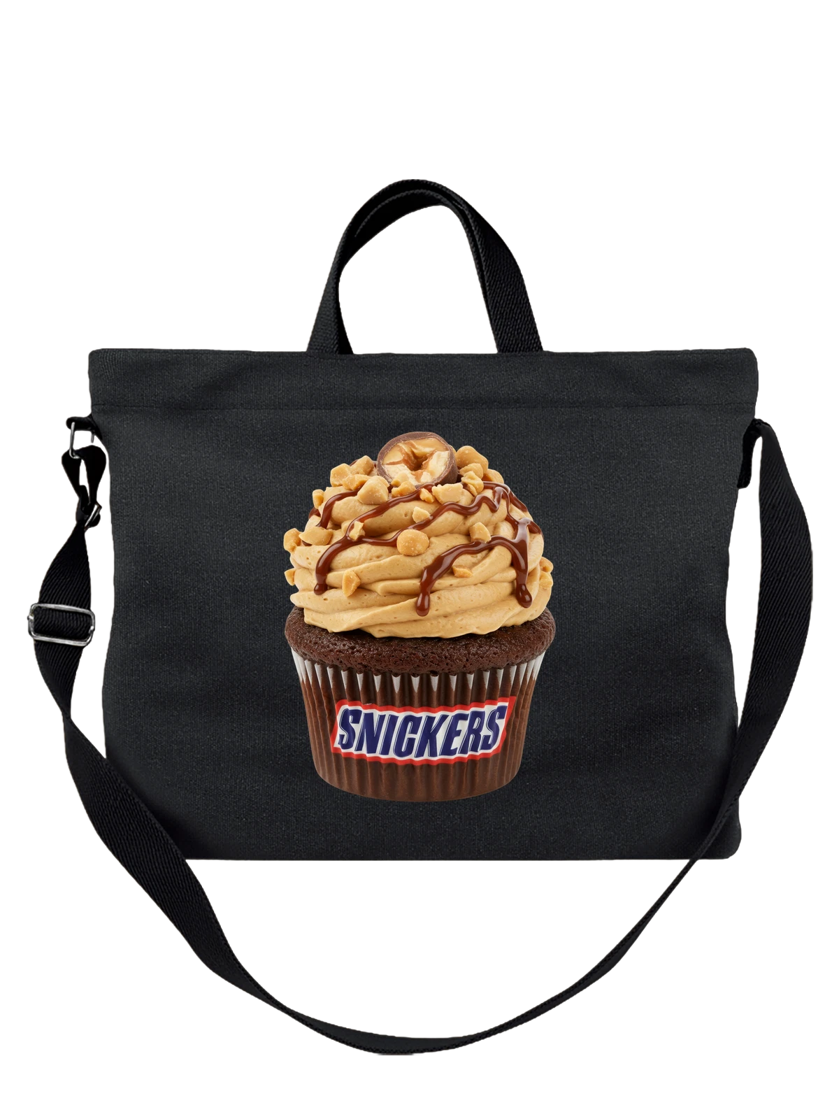 Сумка чёрная с принтом Snickers cupcake с шоколадом и арахисом — кремовая шапка — Чёрная, фото 1