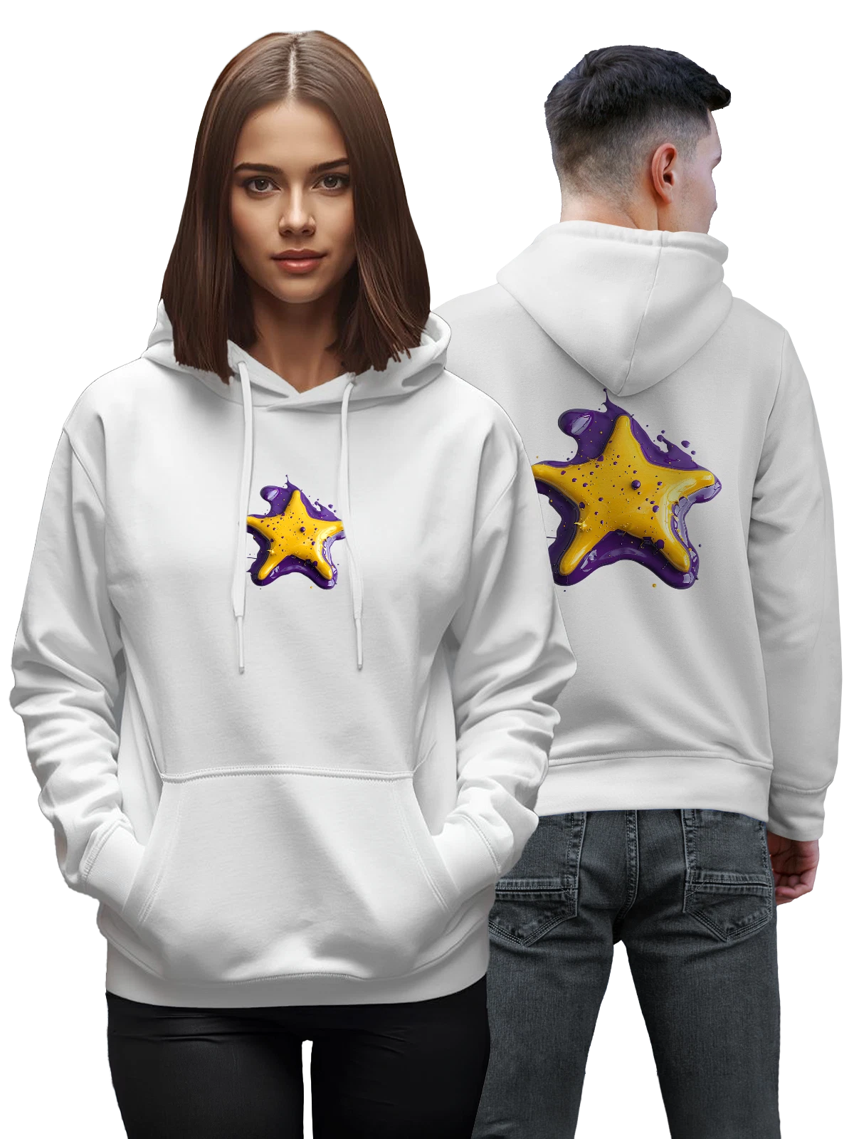 Худи Золотая звезда с фиолетовой краской белое с принтом — объемная иллюстрация — Белая, фото 1