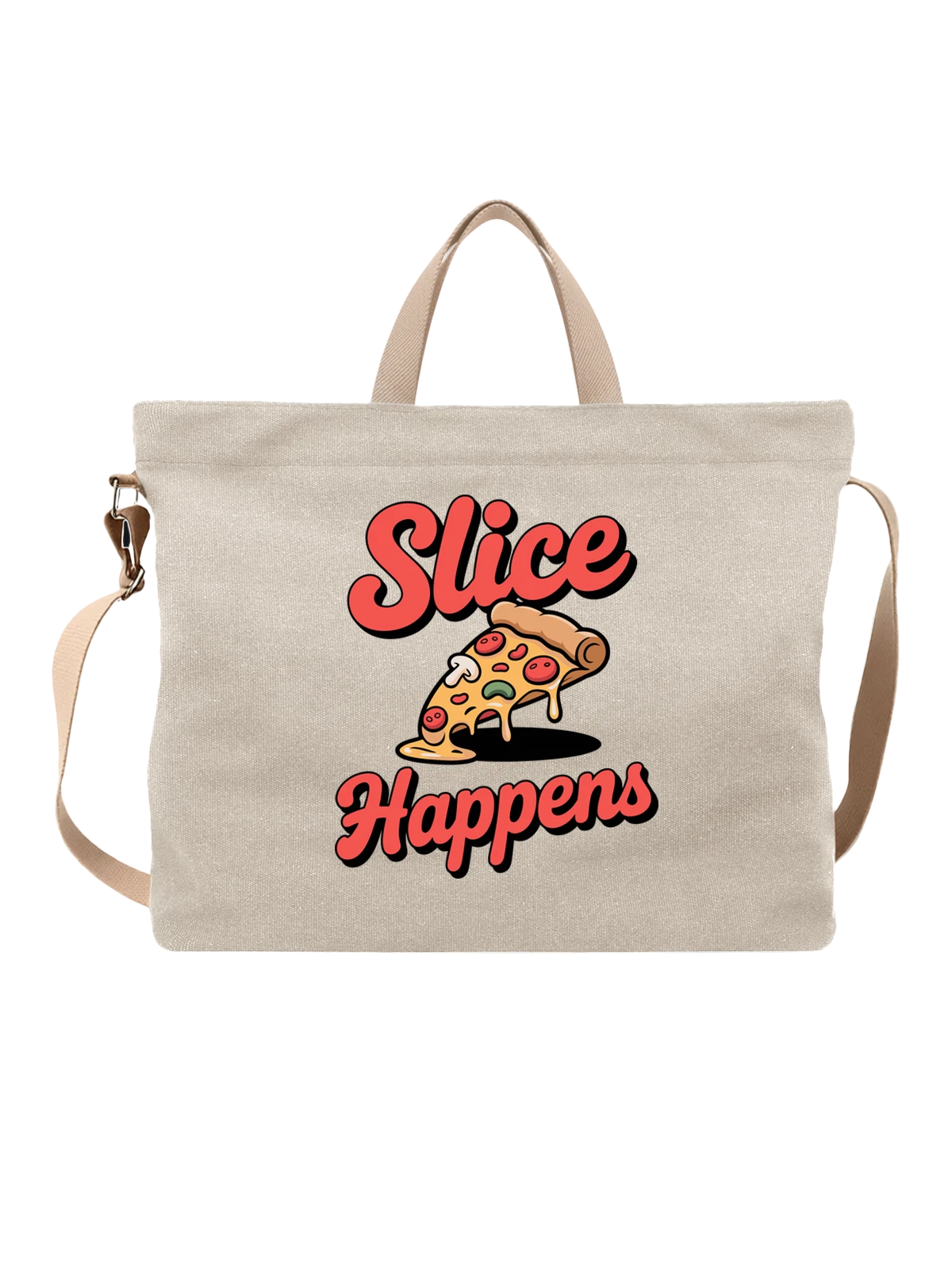 Сумка бежевая с принтом Slice Happens с куском пиццы — еда — Бежевая, фото 1