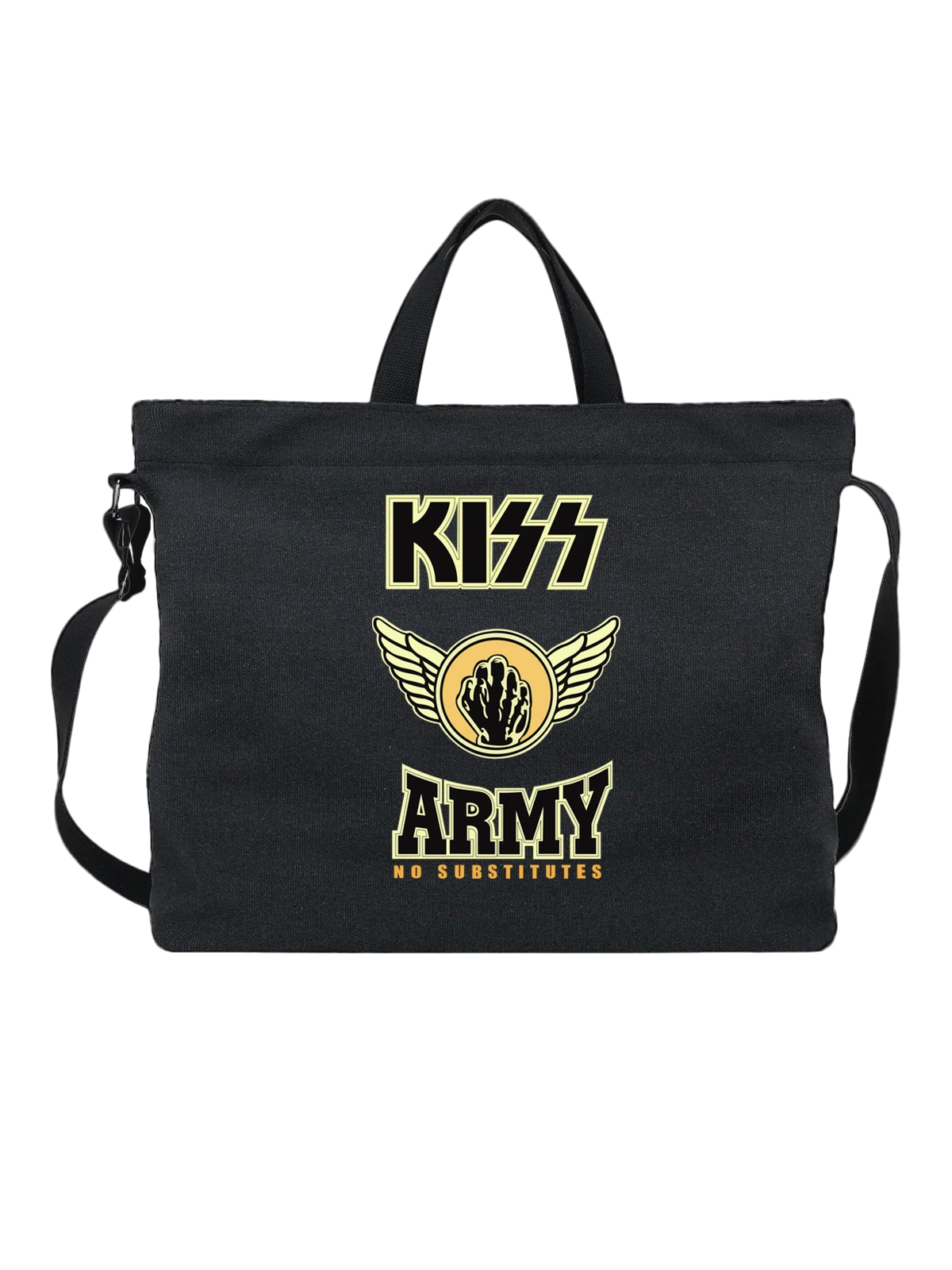 Сумка чёрная с принтом KISS Army с эмблемой крыльев и кулака — рок группа — Чёрная, фото 1