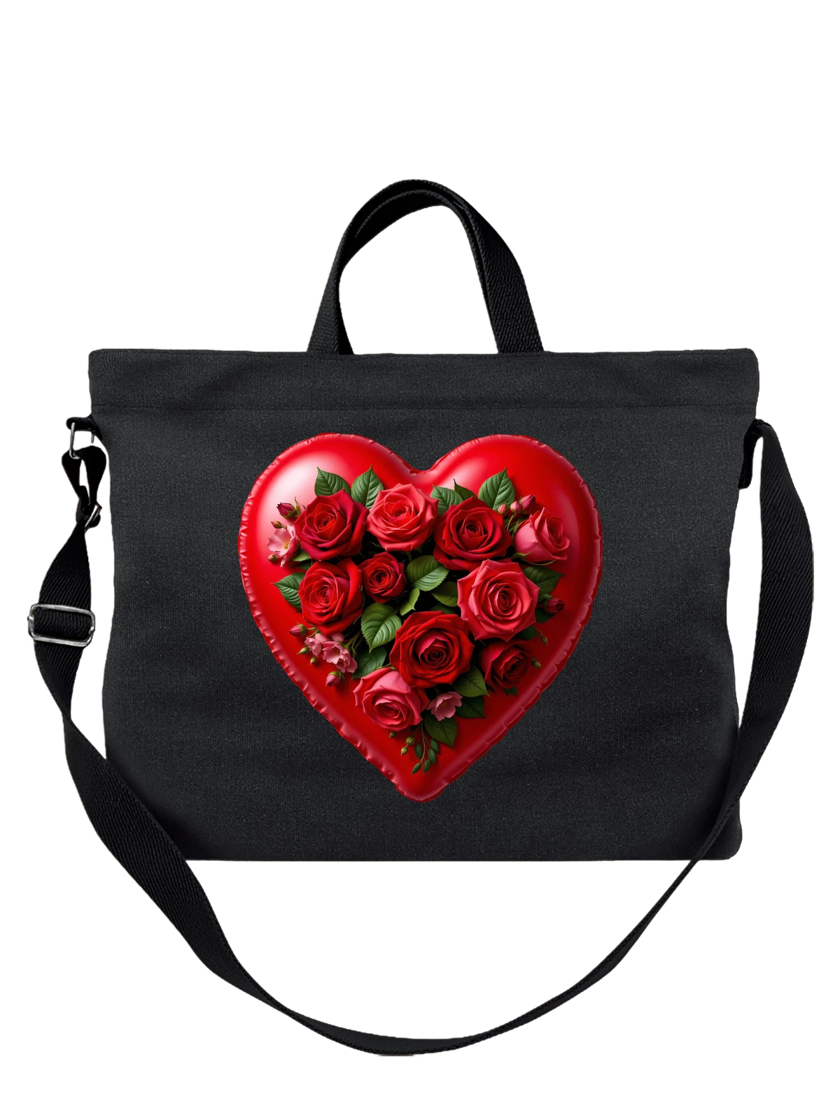 Сумка чёрная с принтом Сердце из красных роз и зелени в red rose bouquet — декоративный букет — Чёрная, фото 1