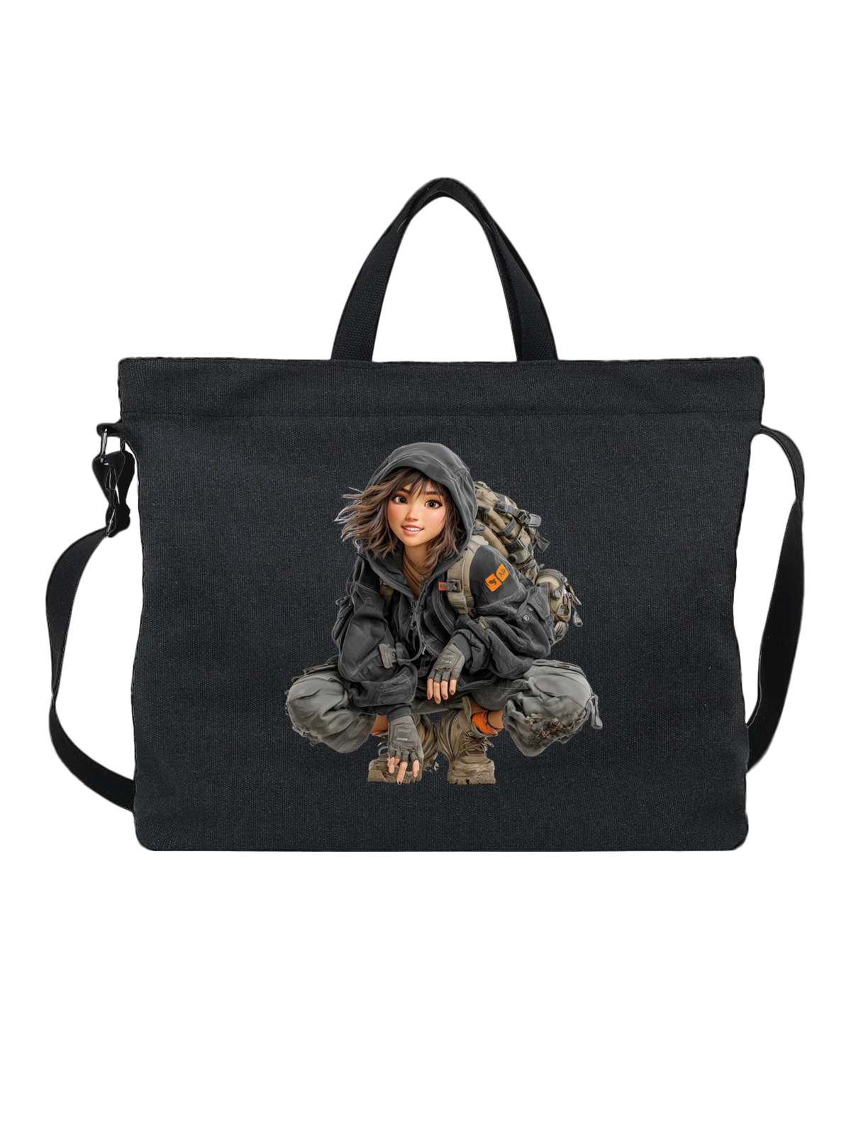Сумка чёрная с принтом Аниме девушка-туристка в худи с рюкзаком — backpack — Чёрная, фото 1