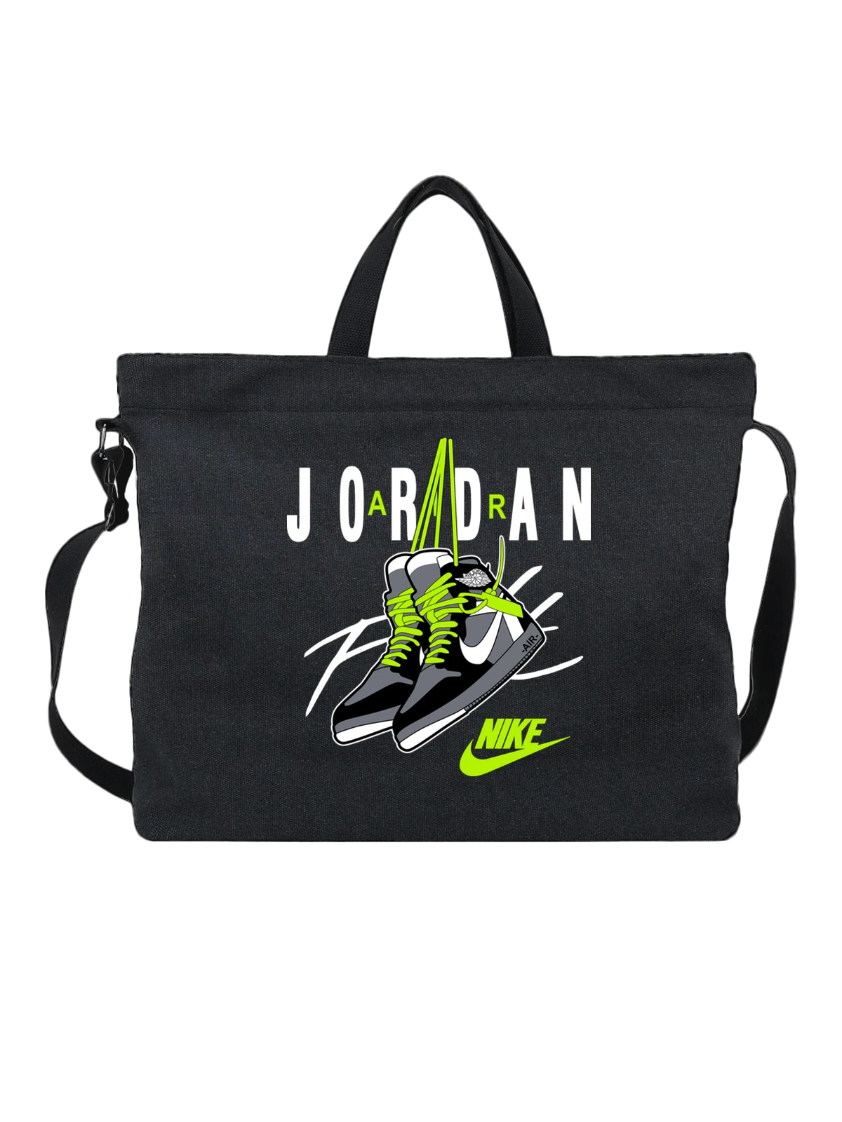 Сумка Кроссовки Jordan Air черно салатовые чёрная с принтом — баскетбольный стиль — Чёрная, фото 1