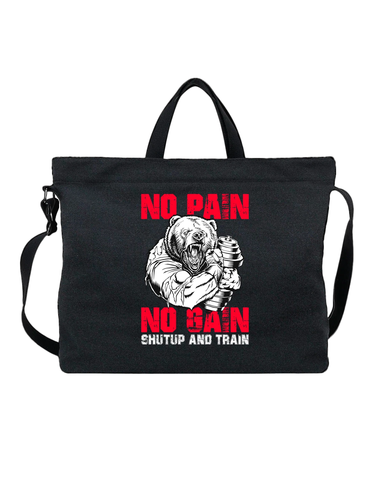 Сумка Медведь качок shut up and train чёрная с принтом — природная тематика — Чёрная, фото 1