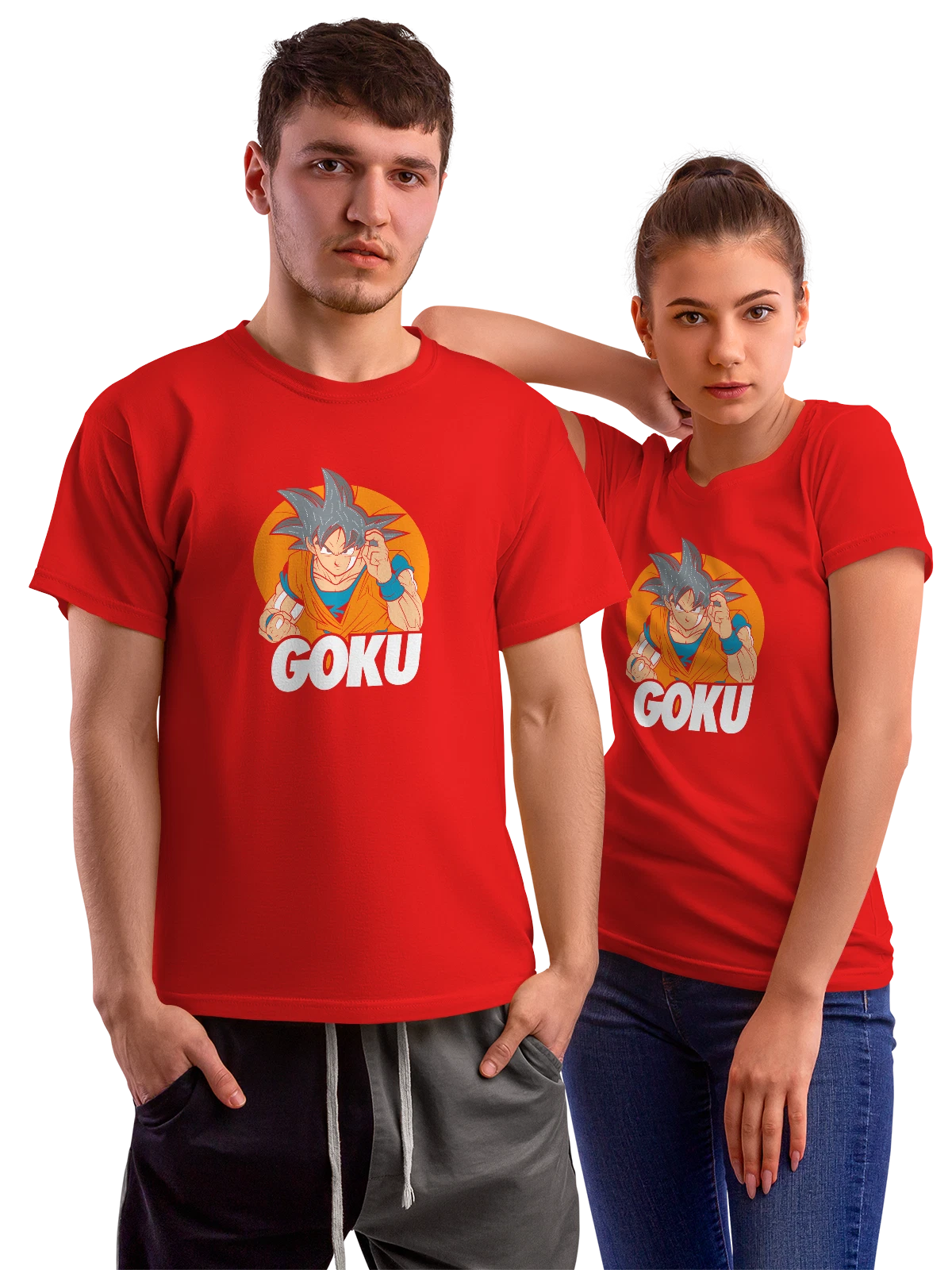 Футболка Гоку в оранжевой форме Dragon Ball на фоне круга красная с принтом — серые волосы — Красная, фото 1