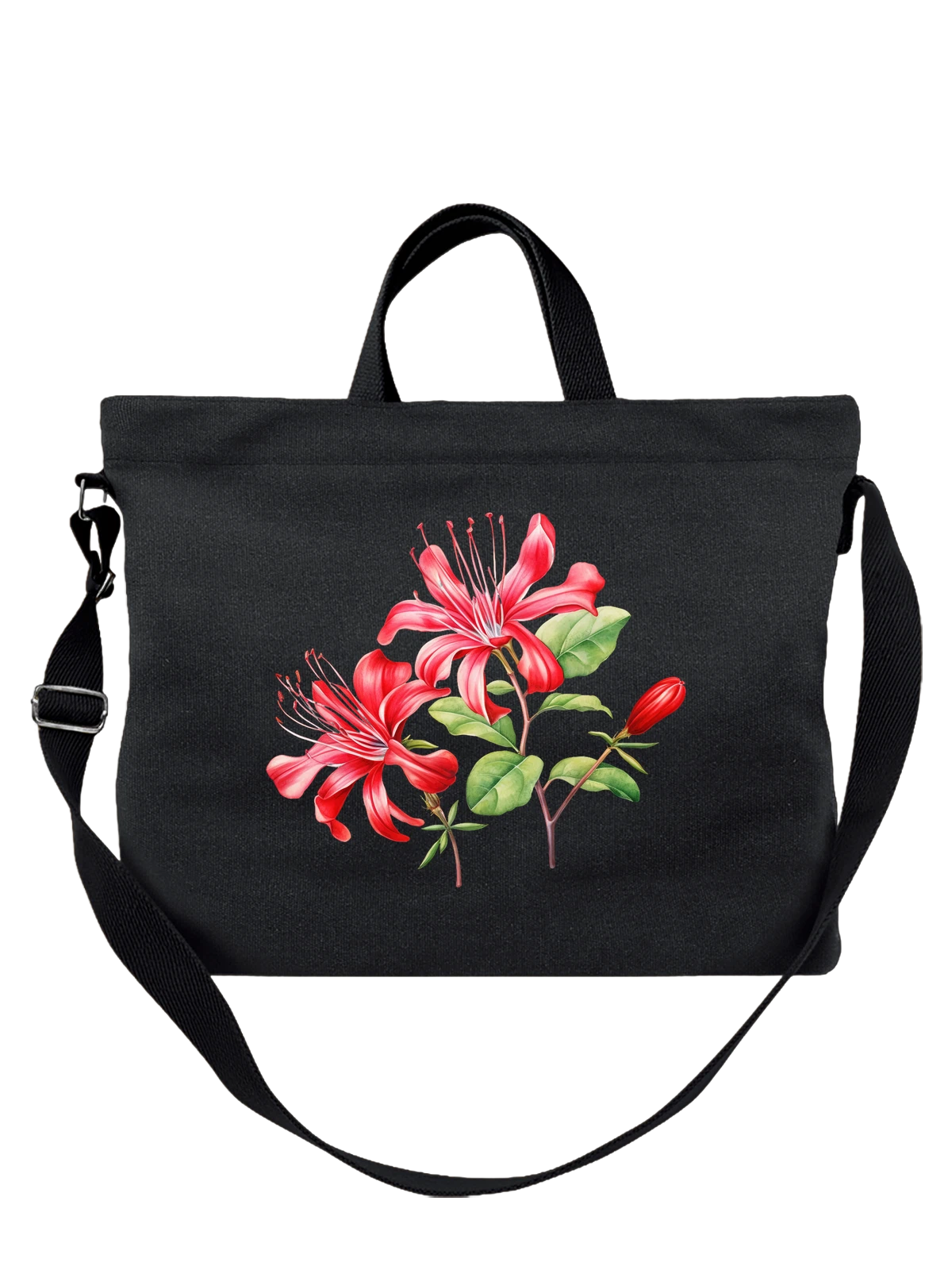 Сумка чёрная с принтом с красными лилиями и зелёными листьями — floral art — Чёрная, фото 1