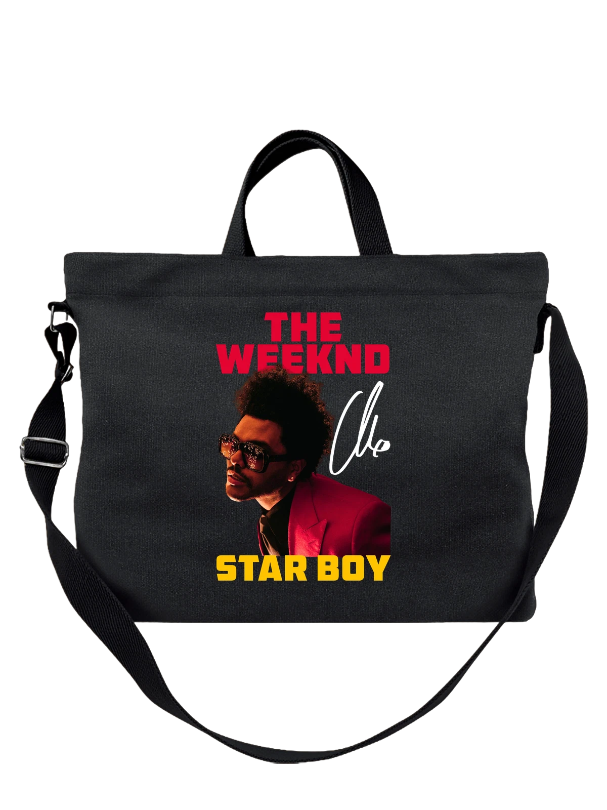 Сумка чёрная с принтом The Weeknd в красном пиджаке и очках — The Weeknd в очках — Чёрная, фото 1