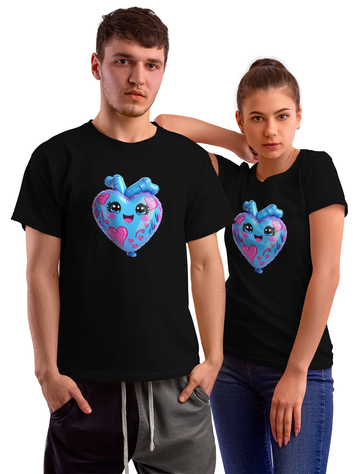Футболка с голубым heart balloon и розовыми сердцами чёрная с принтом — глянцевый шар — Чёрная, фото 1