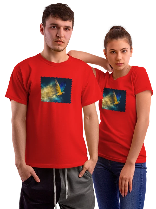 Футболка Животные Сине желтый ара Красочный фон — Красная, фото 1