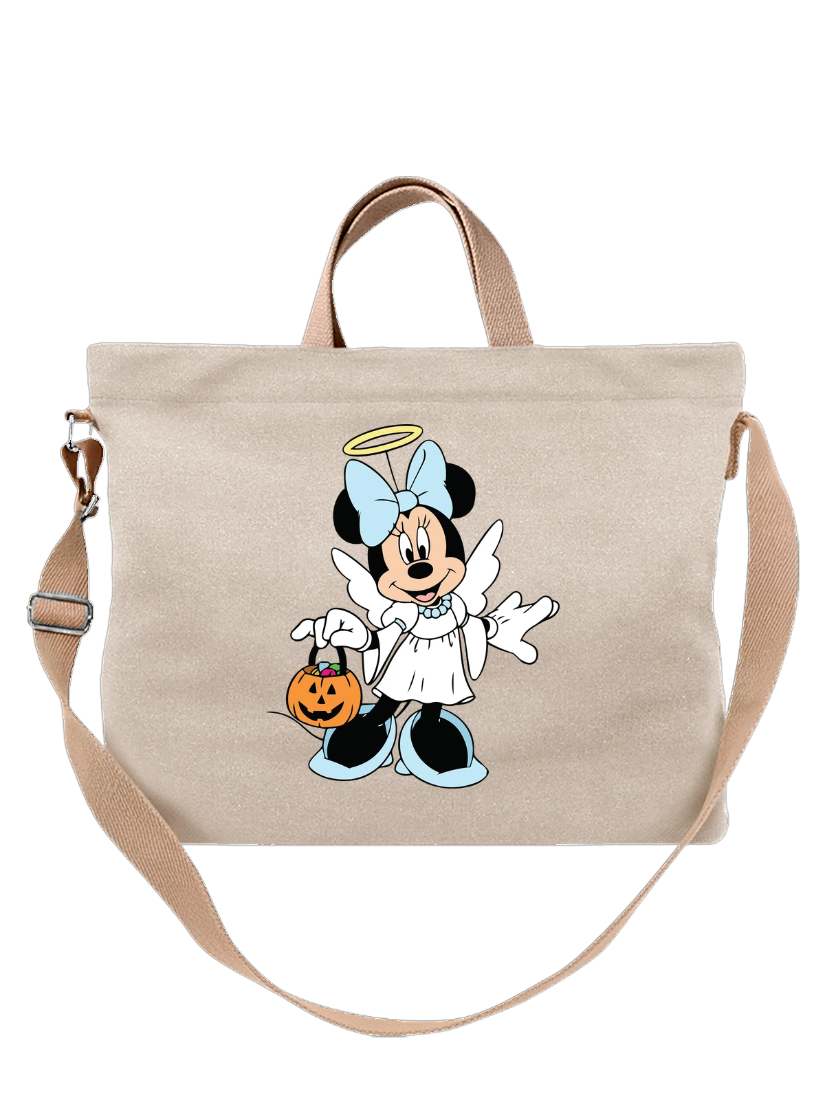 Сумка бежевая с принтом Minnie Mouse в костюме ангела с тыквой — тыква-светильник — Бежевая, фото 1