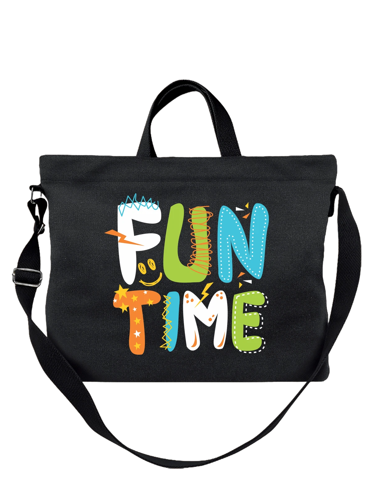 Сумка чёрная с принтом Funny Time с цветными буквами и молнией — буквы с узорами — Чёрная, фото 1