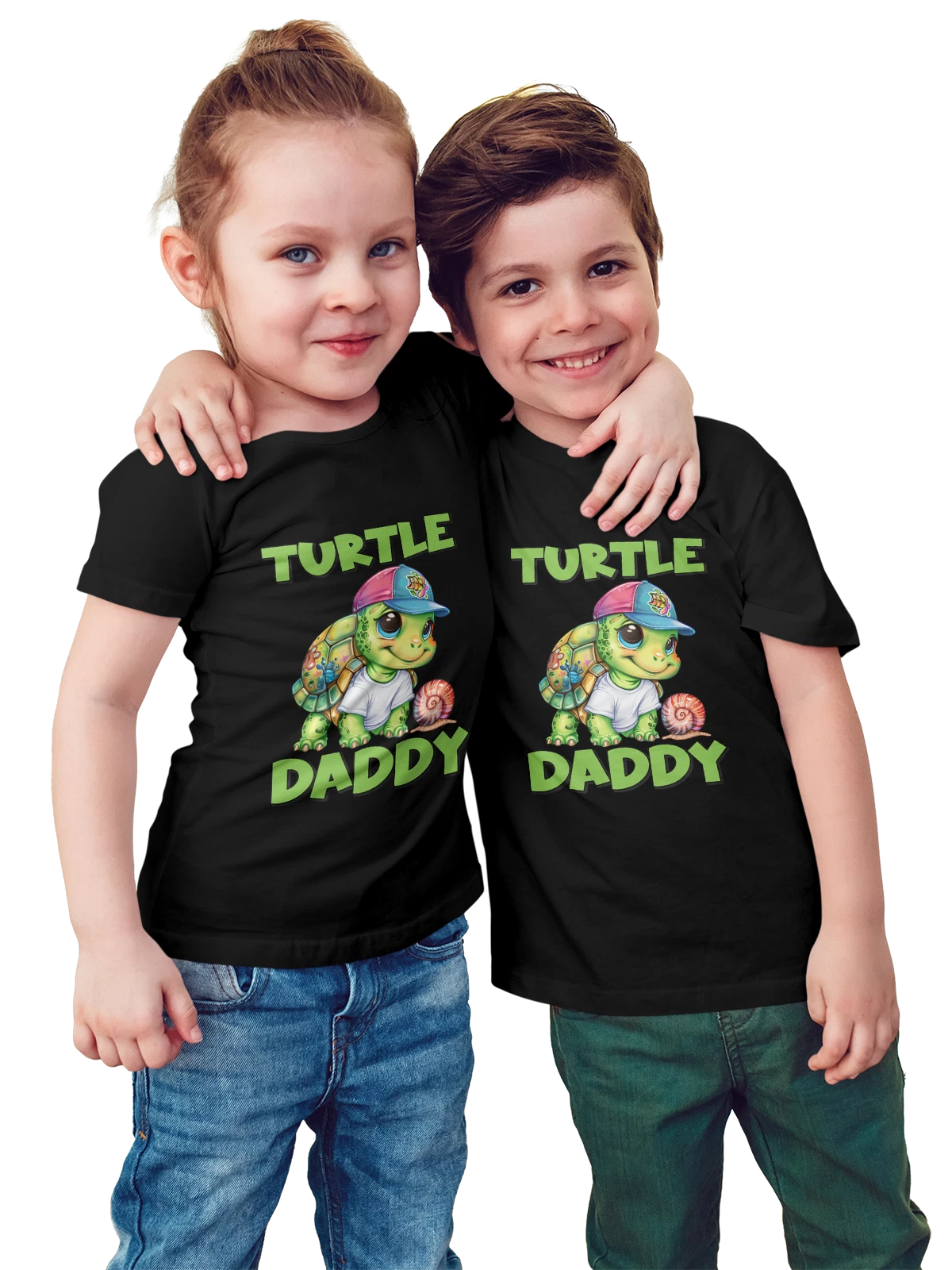 Футболка детская Черепаха папа в кепке TURTLE DADDY чёрная с принтом — морская черепаха — Чёрная, фото 1