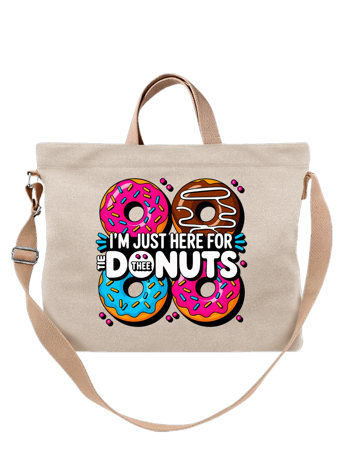 Сумка бежевая с принтом с надписью I’m Just Here for Donuts — I’m Just Here for the Donuts — Бежевая, фото 1