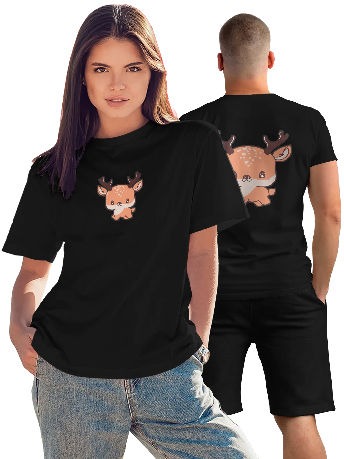 Футболка Кавайный мультяшный олененок чёрная с принтом на спине — cartoon deer — Чёрная, фото 1