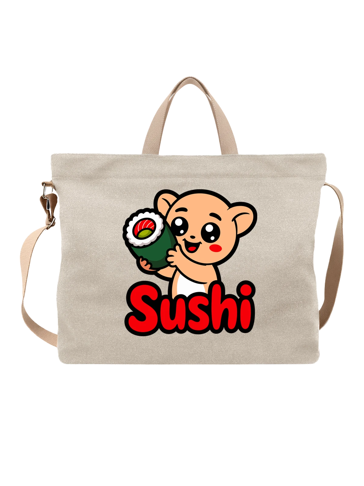 Сумка бежевая с принтом Милый медвежонок Sushi с роллом — забавный персонаж — Бежевая, фото 1