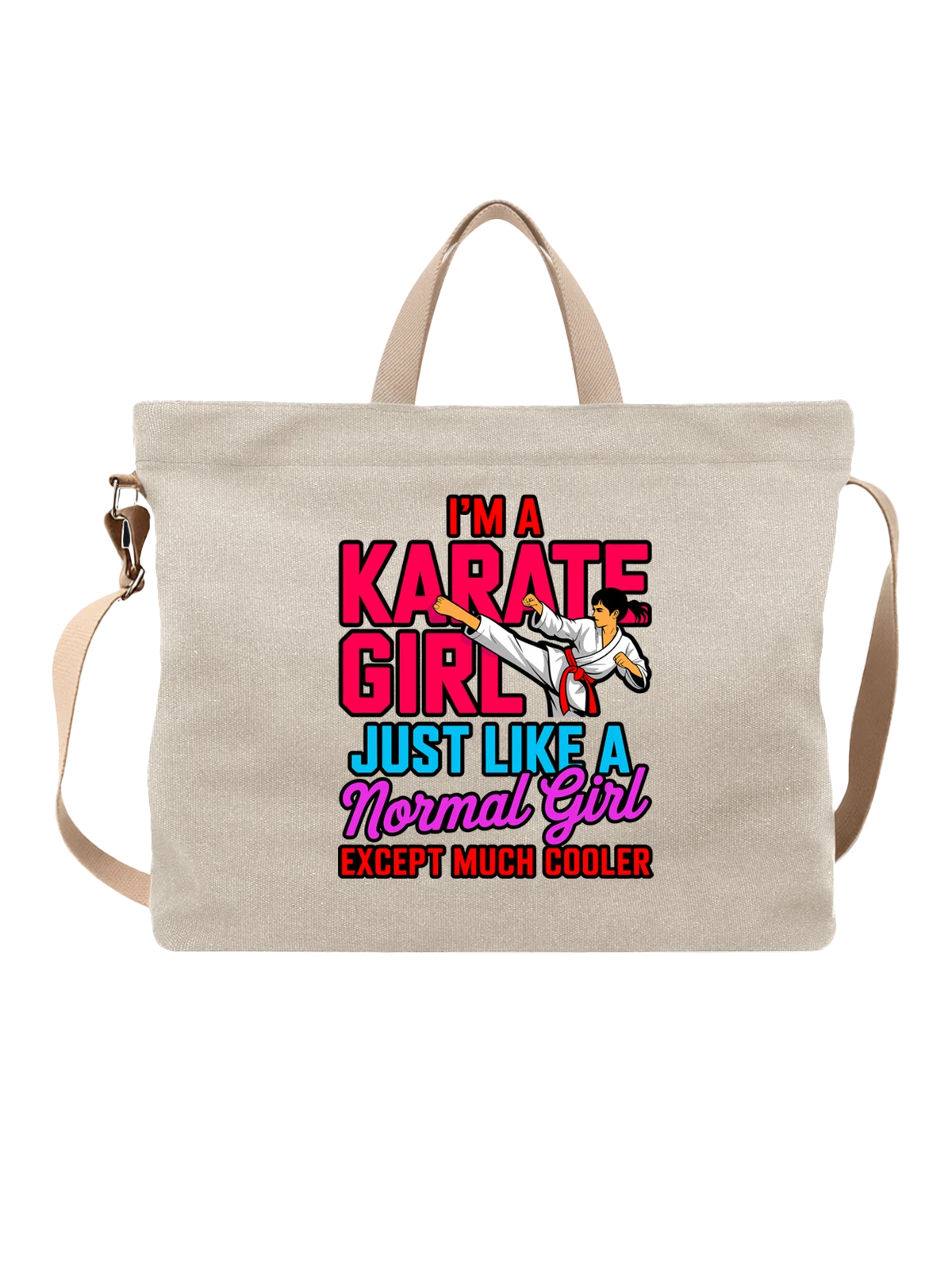 Сумка бежевая с принтом Девушка каратистка с надписью I'm A Karate Girl — спортивная надпись — Бежевая, фото 1