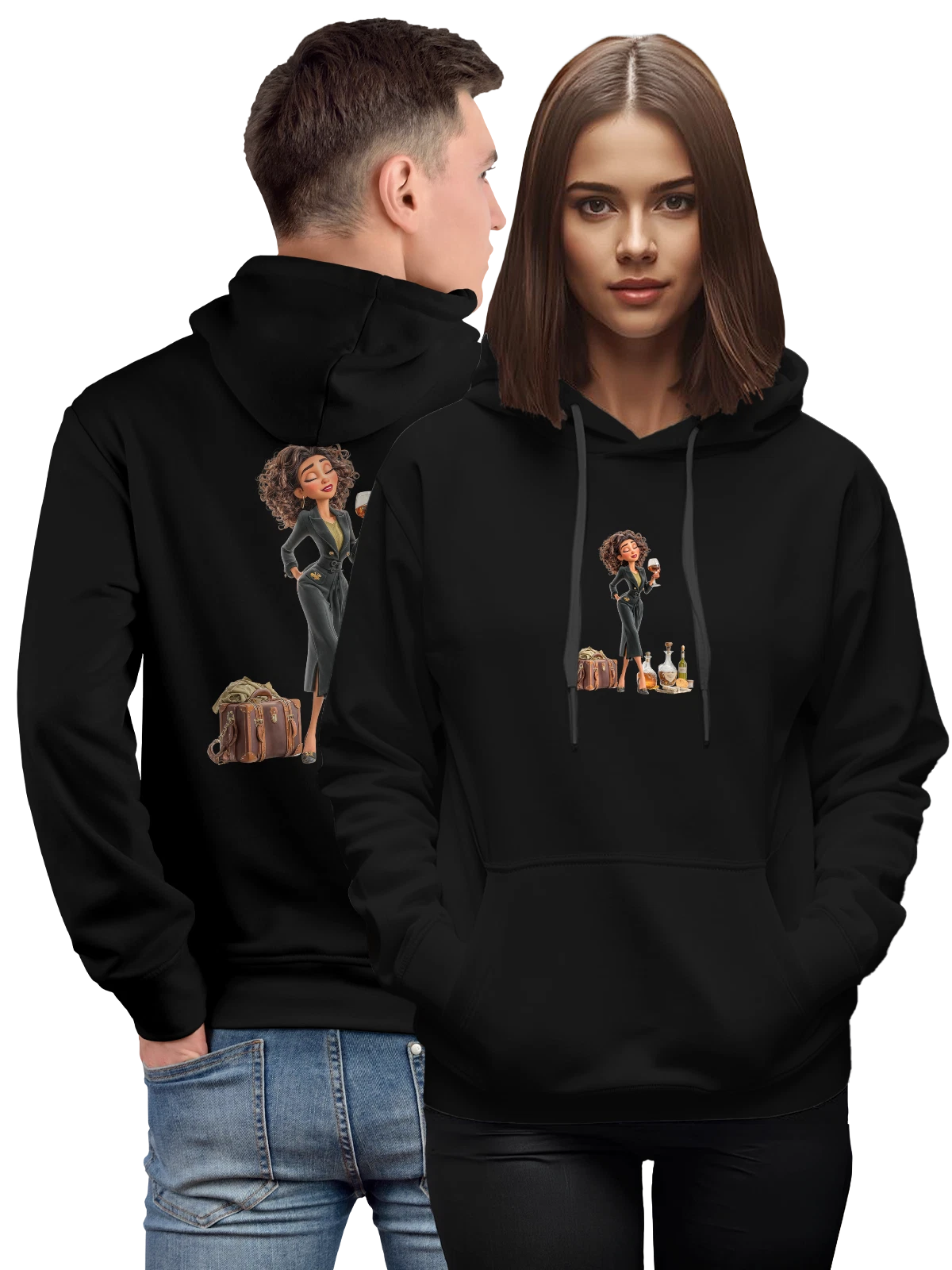 Худи Кудрявая женщина с вином и чемоданом чёрное с принтом — бутылки — Чёрная, фото 1