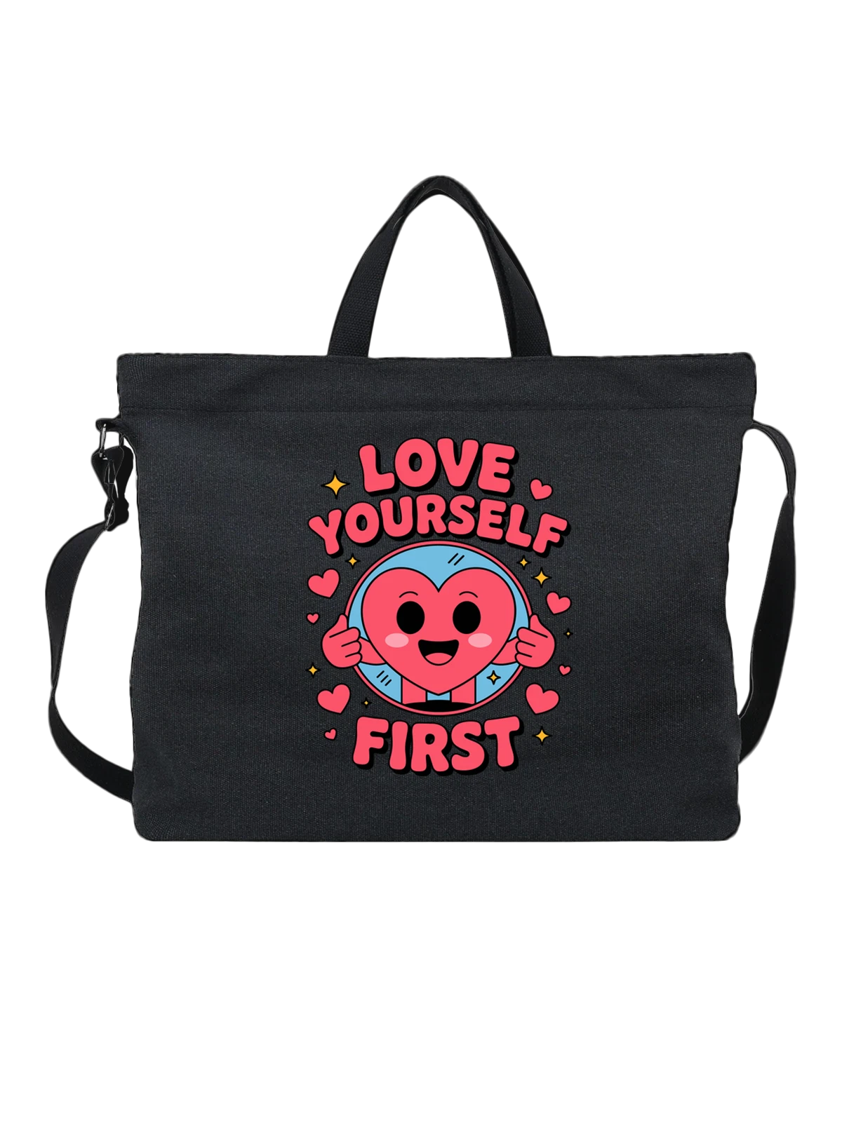Сумка чёрная с принтом с улыбающимся сердцем Love Yourself First — cute cartoon — Чёрная, фото 1