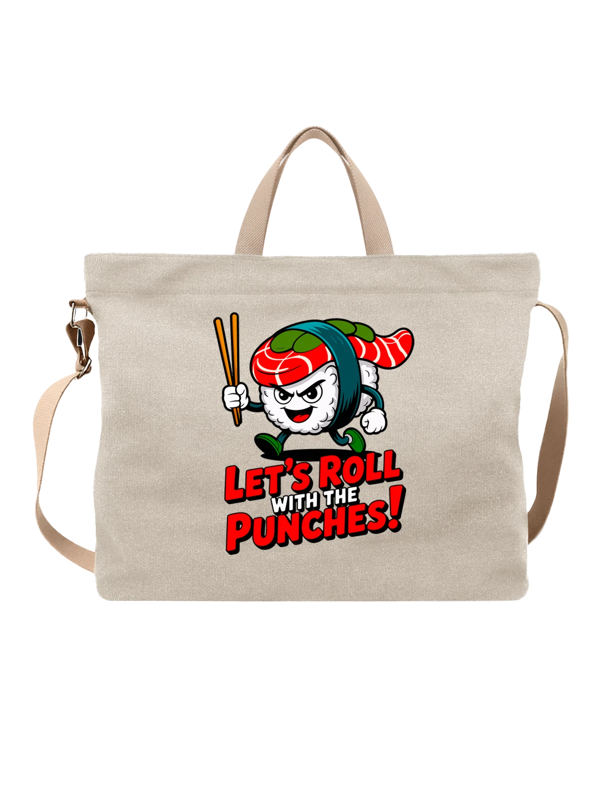 Сумка бежевая с принтом с роллом и палочками Let’s Roll With The Punches — cartoon sushi — Бежевая, фото 1