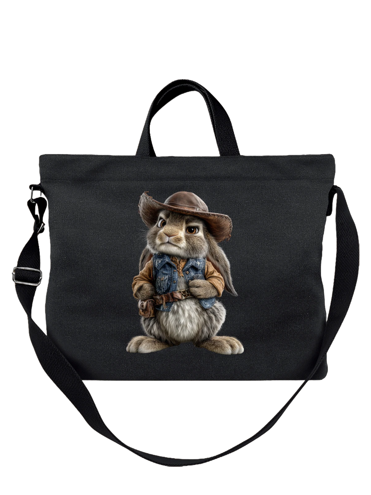Сумка чёрная с принтом Кролик ковбой в шляпе и джинсовом жилете — шляпа — Чёрная, фото 1