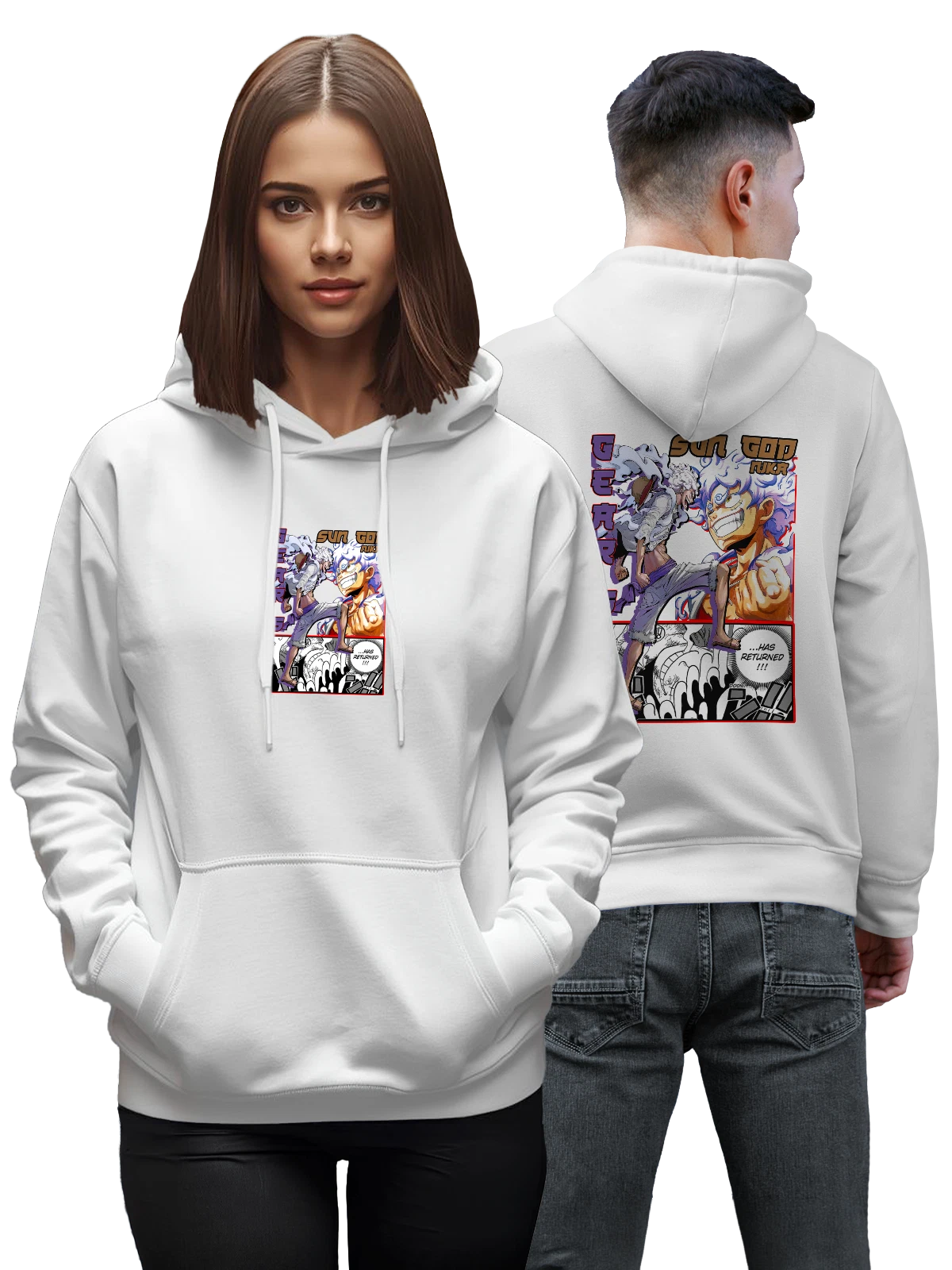 Худи Луффи One Piece Gear 5 Sun God Nika белое с принтом — динамичная поза — Белая, фото 1
