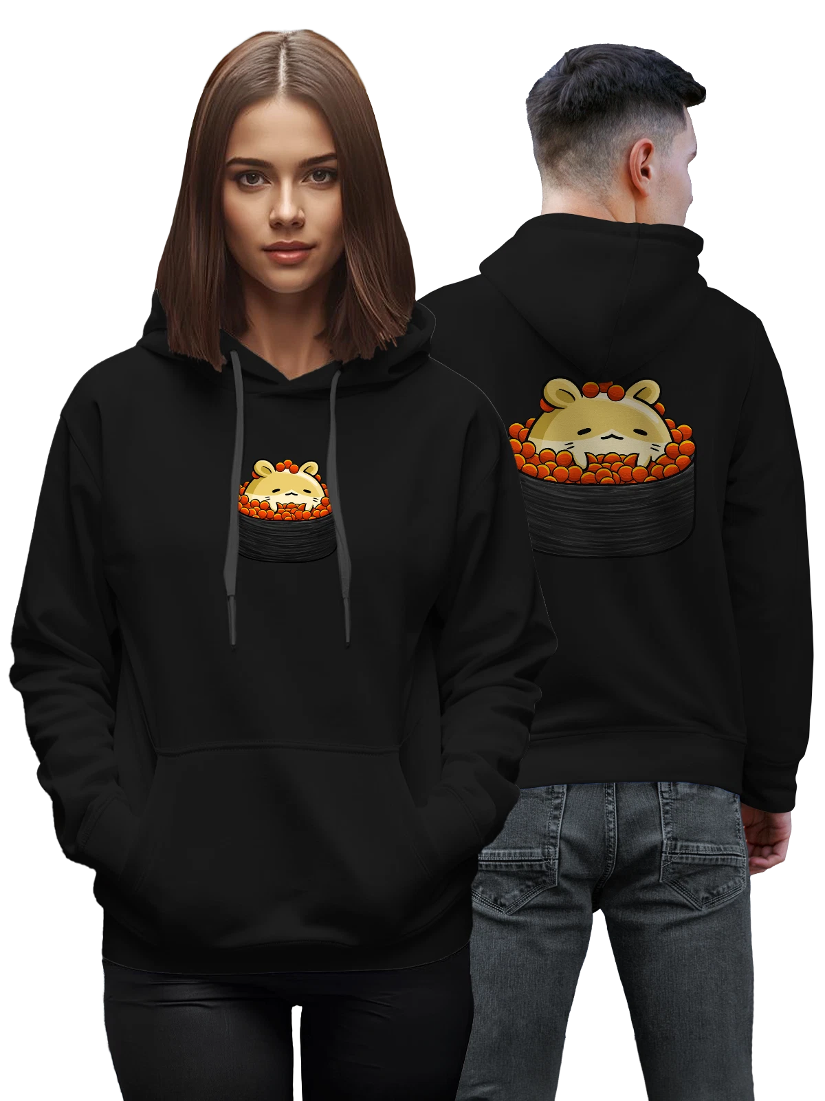 Худи Милый хомяк в черной миске с шариками чёрное с принтом — оранжевые шарики — Чёрная, фото 1