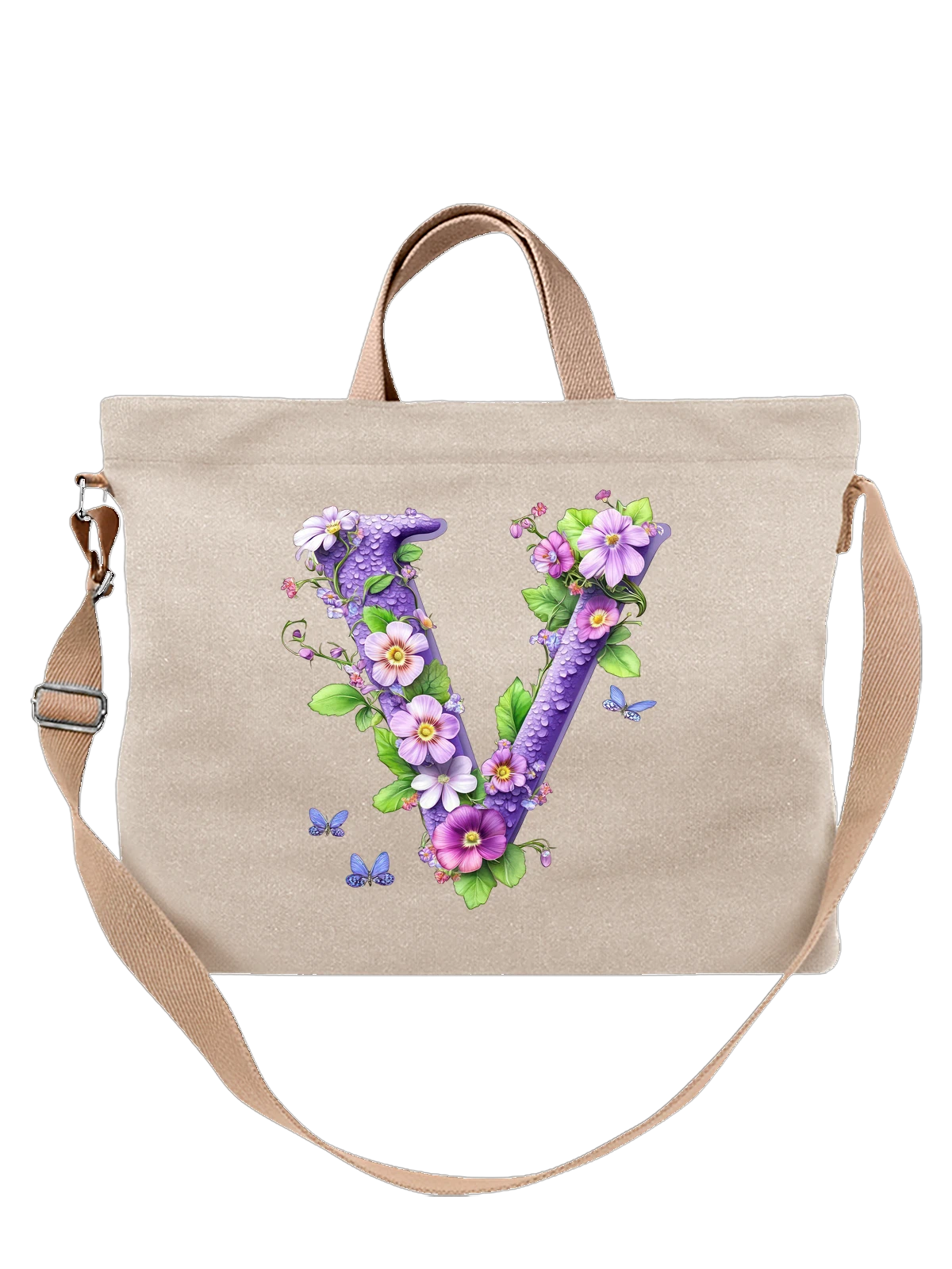 Сумка бежевая с принтом Буква V с цветами и бабочками — monogram V — Бежевая, фото 1