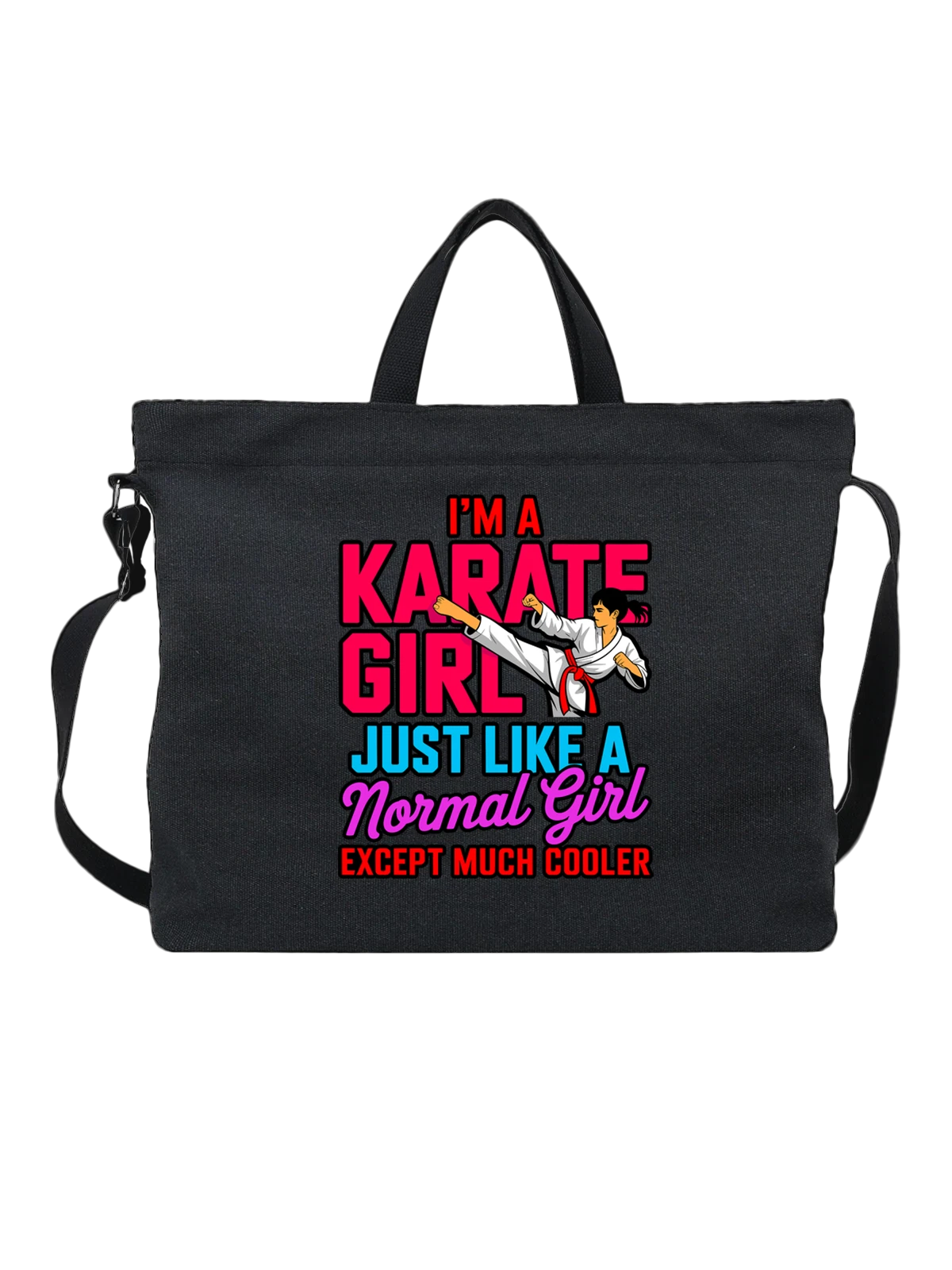 Сумка чёрная с принтом Девушка каратистка с надписью I'm A Karate Girl — спортивная надпись — Чёрная, фото 1