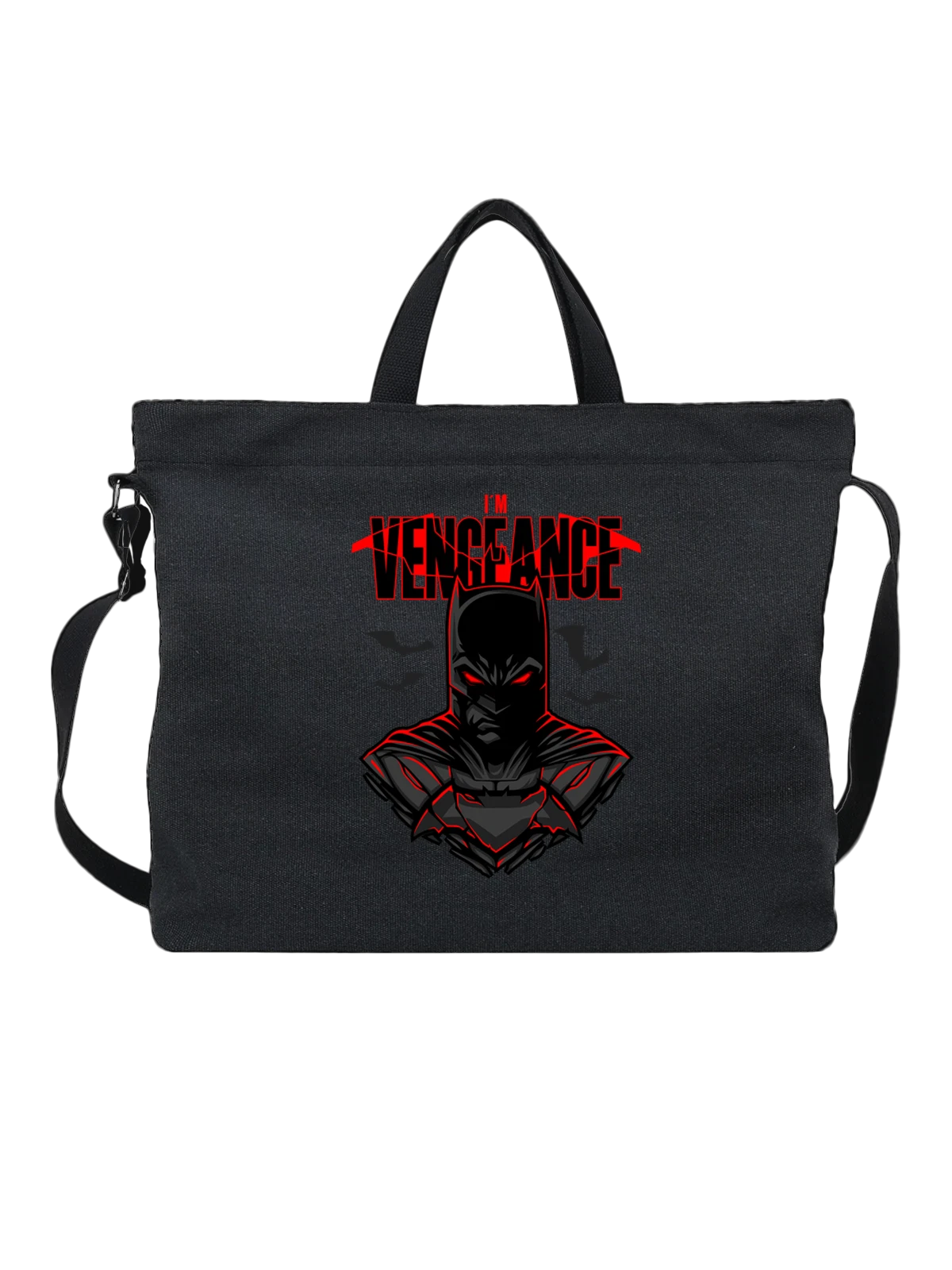 Сумка чёрная с принтом Бэтмен с красными глазами и надписью Vengeance — темный персонаж — Чёрная, фото 1