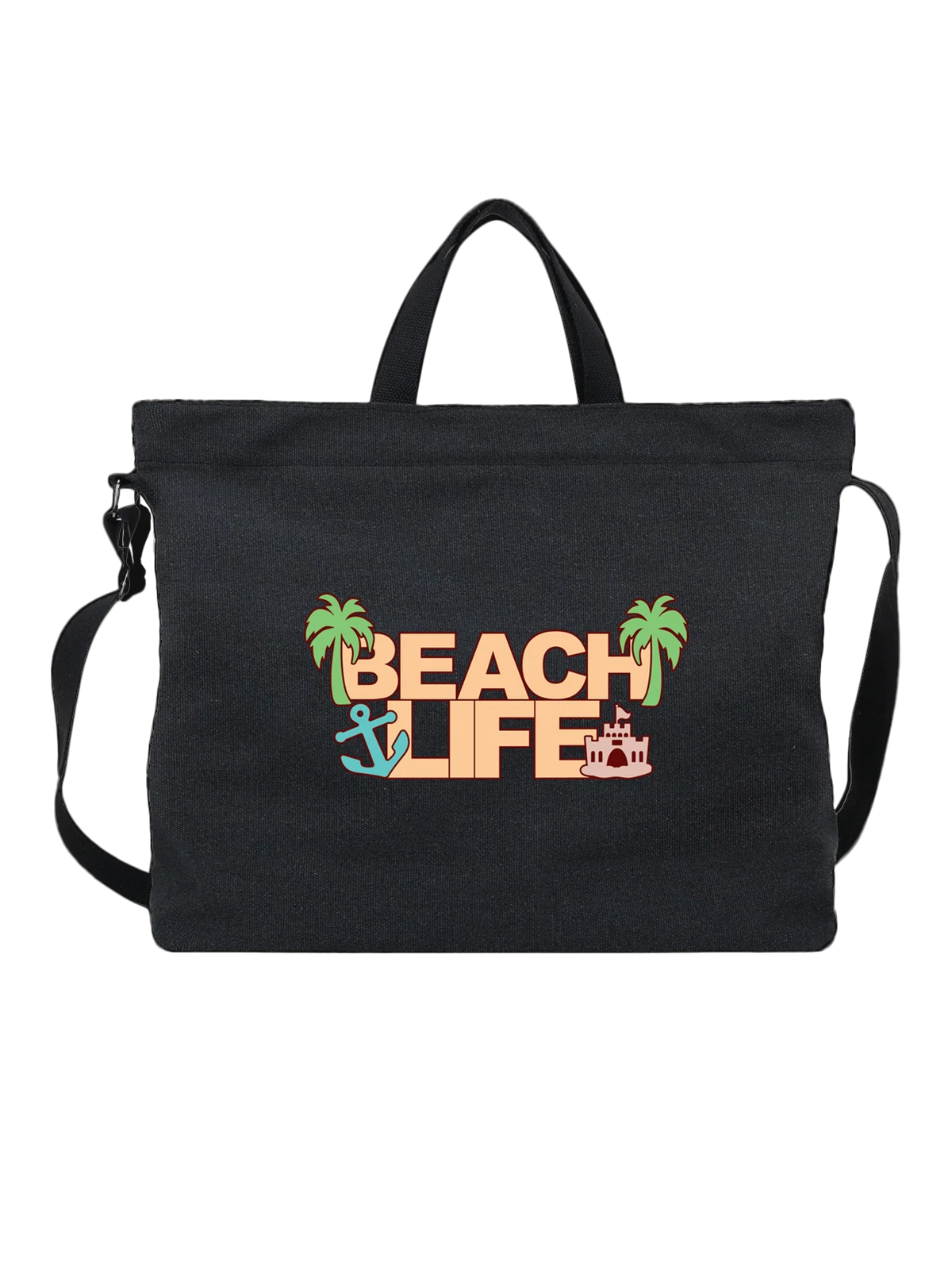Сумка чёрная с принтом BEACH LIFE с пальмой, якорем и замком — песочный замок — Чёрная, фото 1