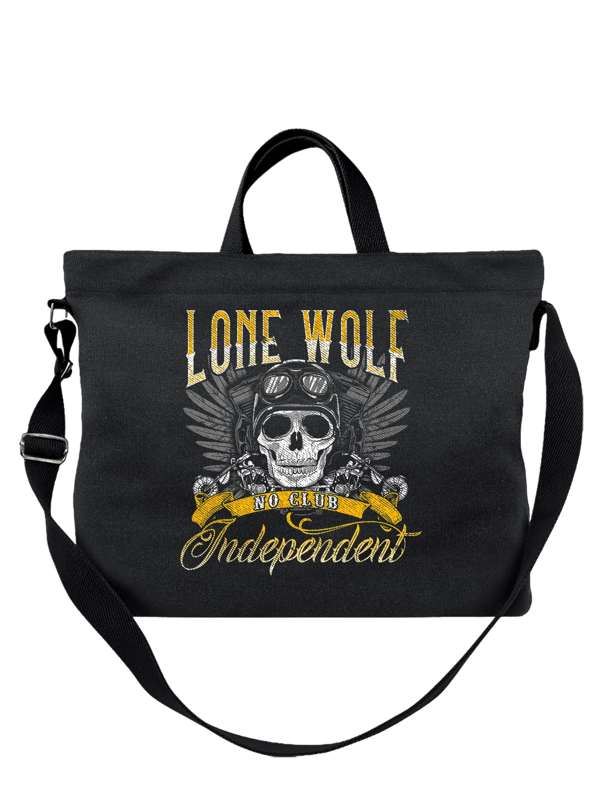 Сумка чёрная с принтом Череп в шлеме LONE WOLF NO CLUB — Independence — Чёрная, фото 1