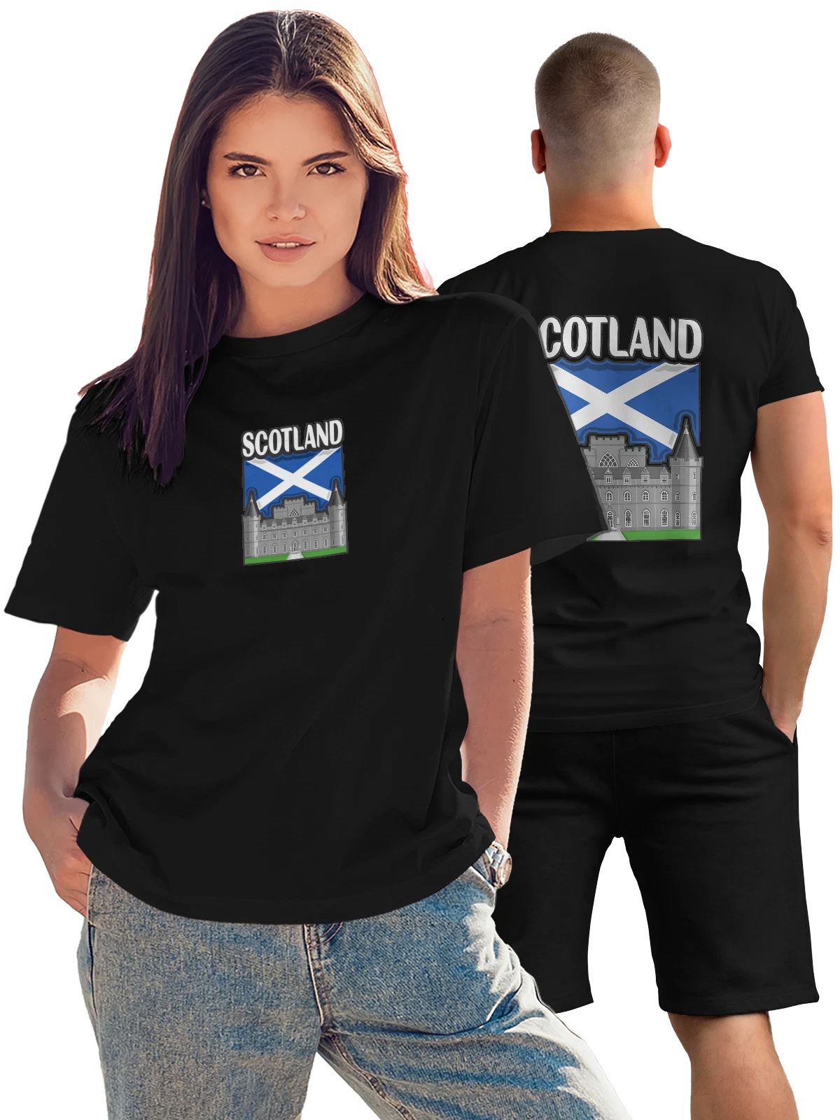 Футболка с флагом Шотландии Scotland замок чёрная с принтом на спине — патриотический принт — Чёрная, фото 1