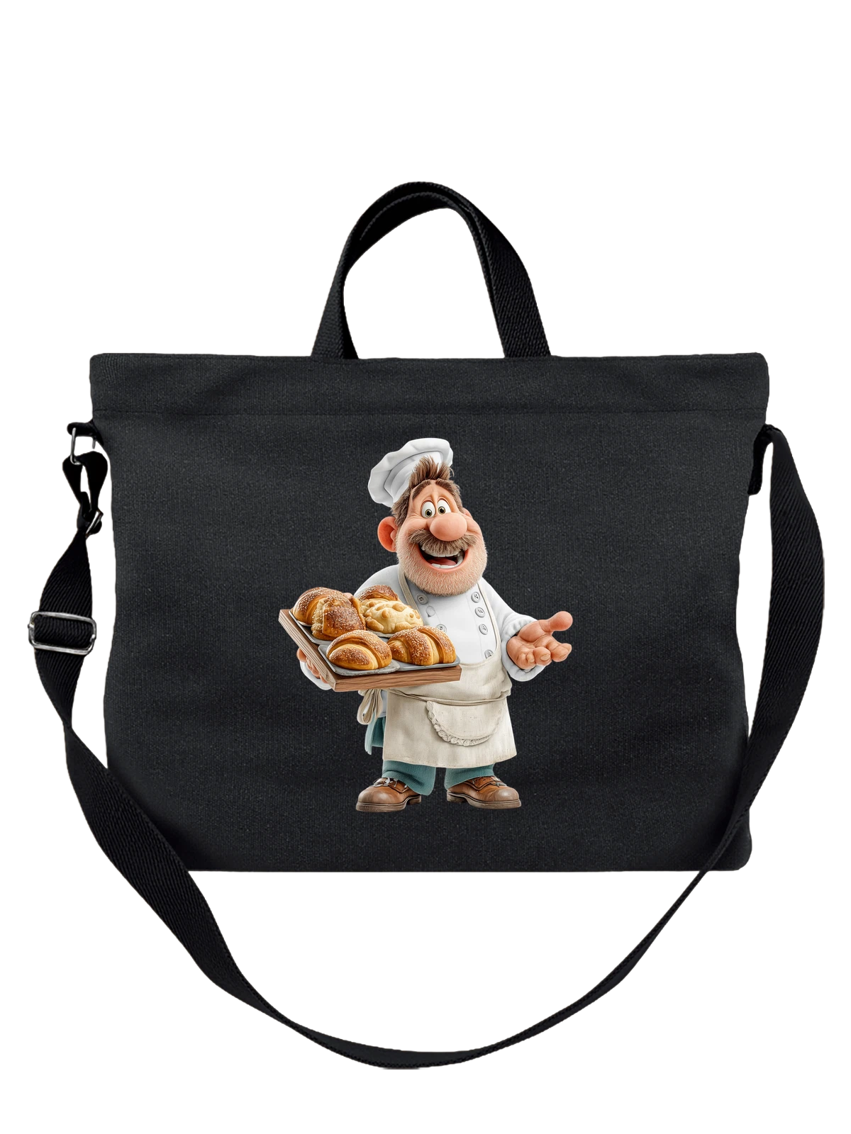 Сумка чёрная с принтом Повар с подносом свежих булочек — кулинария — Чёрная, фото 1