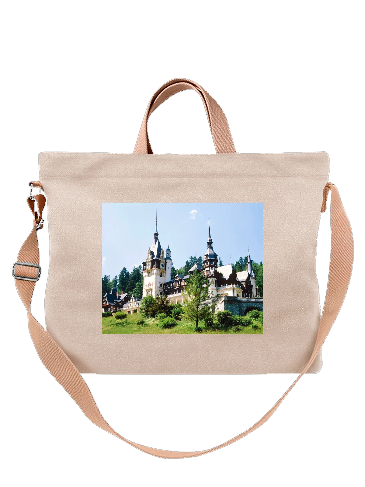 Сумка бежевая с принтом Архитектура живописная Peles Castle Sinaia — путешествия по городам — Бежевая, фото 1