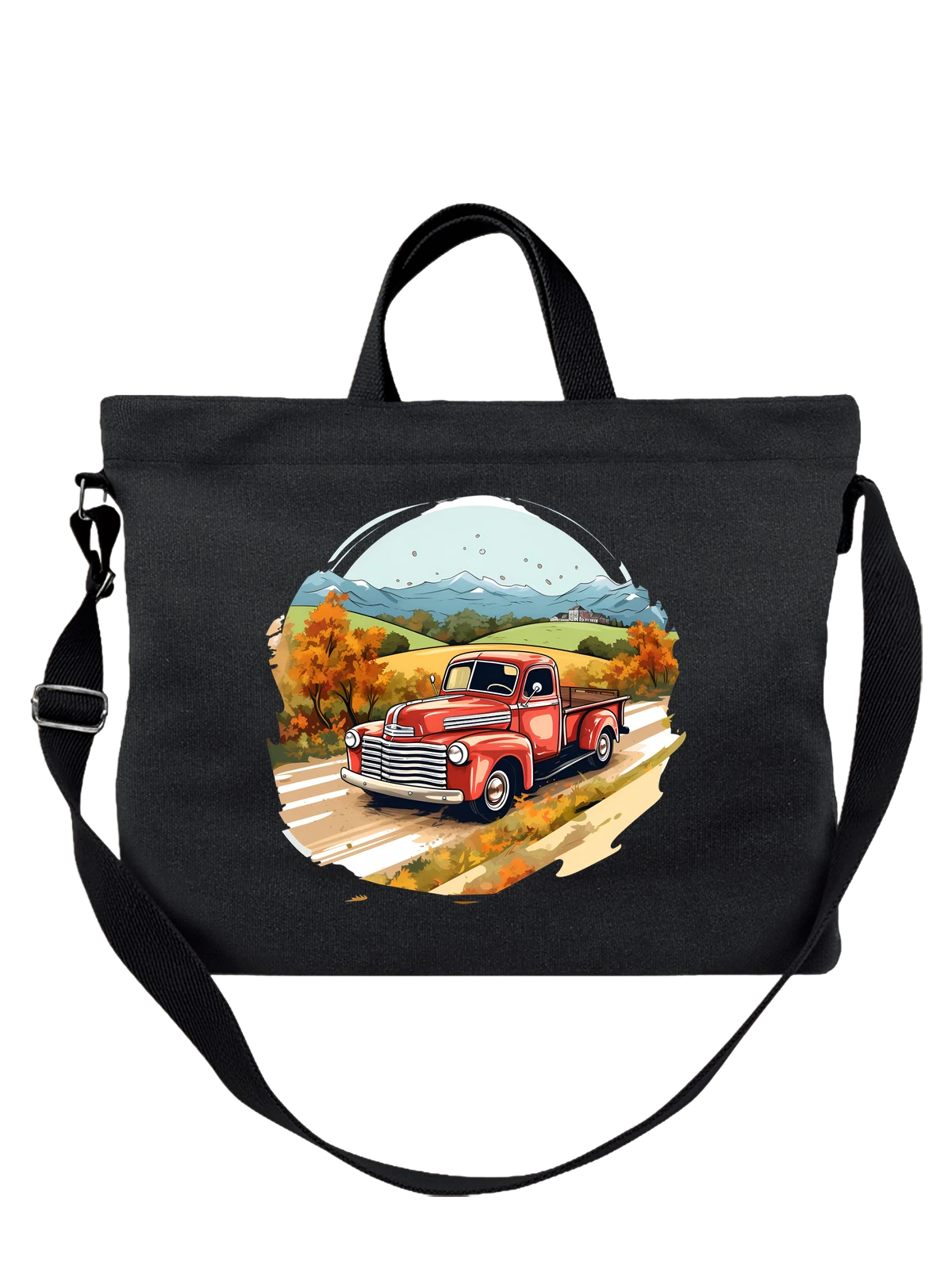 Сумка чёрная с принтом Vintage red pickup truck на осенней дороге — autumn landscape — Чёрная, фото 1