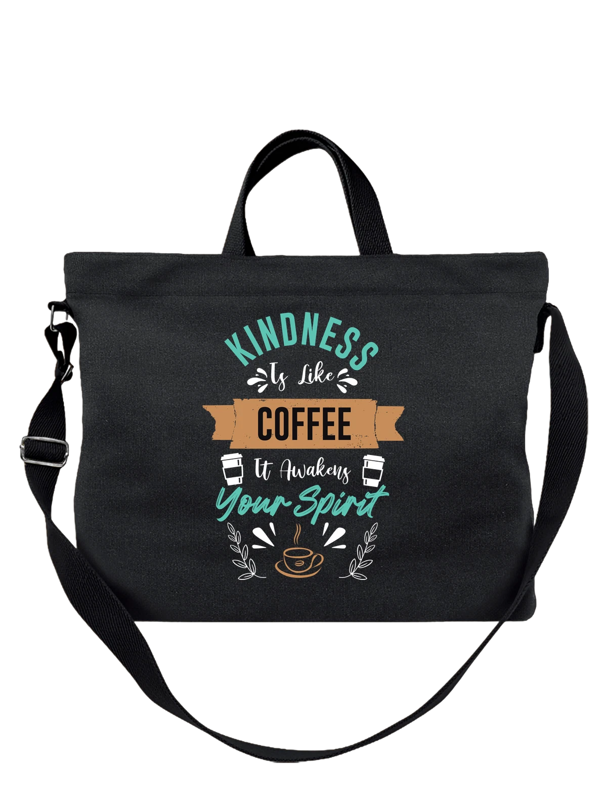 Сумка чёрная с принтом с COFFEE и бумажным кофейным стаканом — кофейная тема — Чёрная, фото 1