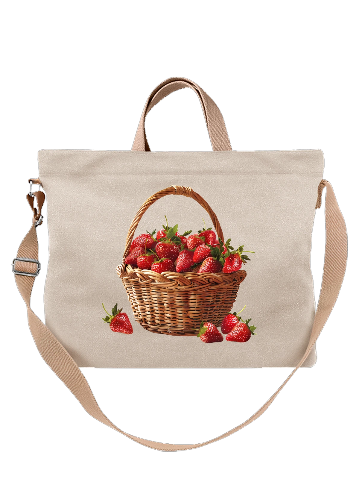 Сумка бежевая с принтом Корзина с крупной спелой клубникой — ripe fruit — Бежевая, фото 1
