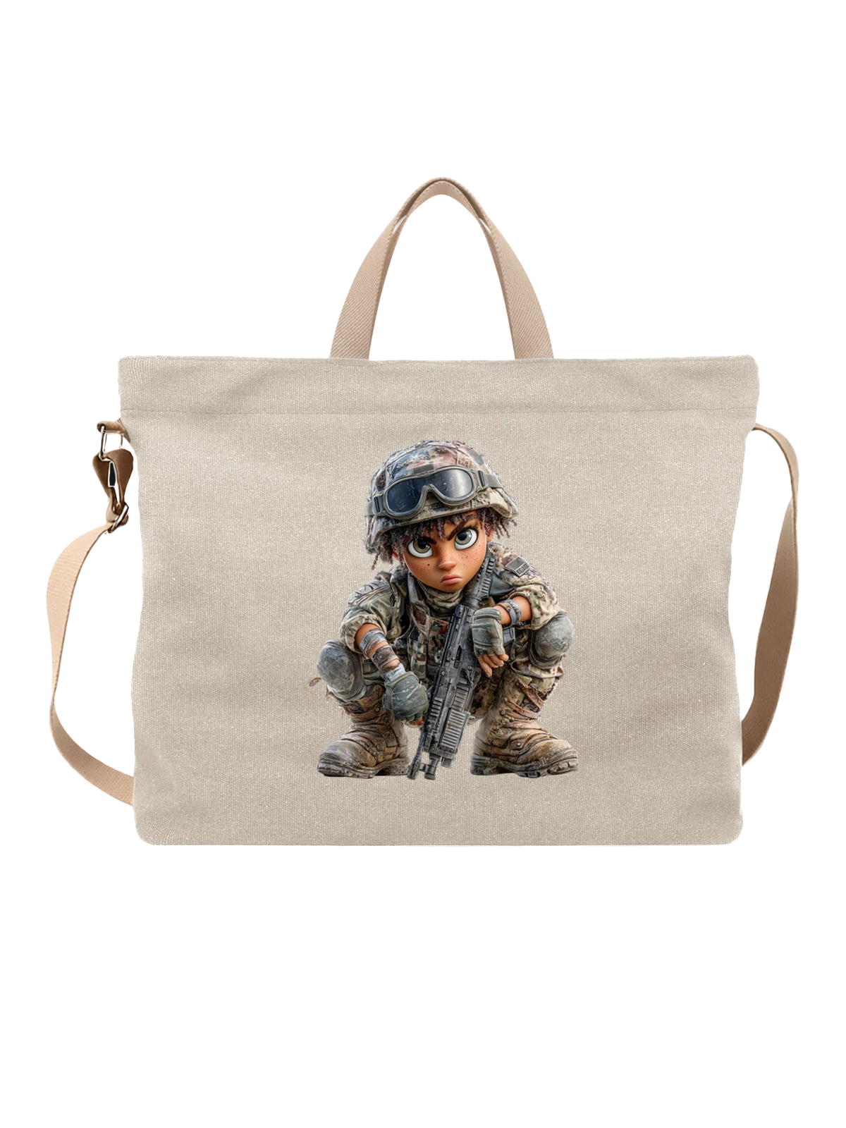 Сумка бежевая с принтом Кукла солдат в камуфляже с автоматом — camouflage uniform — Бежевая, фото 1