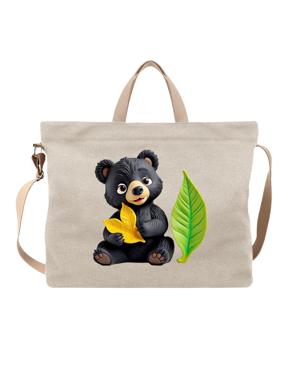 Сумка бежевая с принтом с черным медвежонком и листьями — smiling bear cub — Бежевая, фото 1