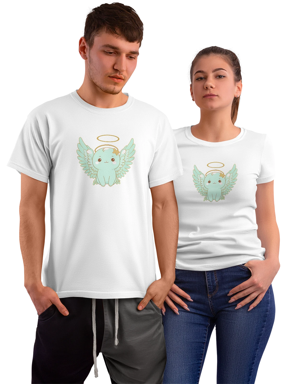 Футболка Милый ангел с крыльями и нимбом котик белая с принтом — пастельные цвета — Белая, фото 1
