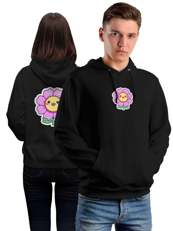 Худи розовый цветок с улыбающимся лицом — Чёрная, фото 1