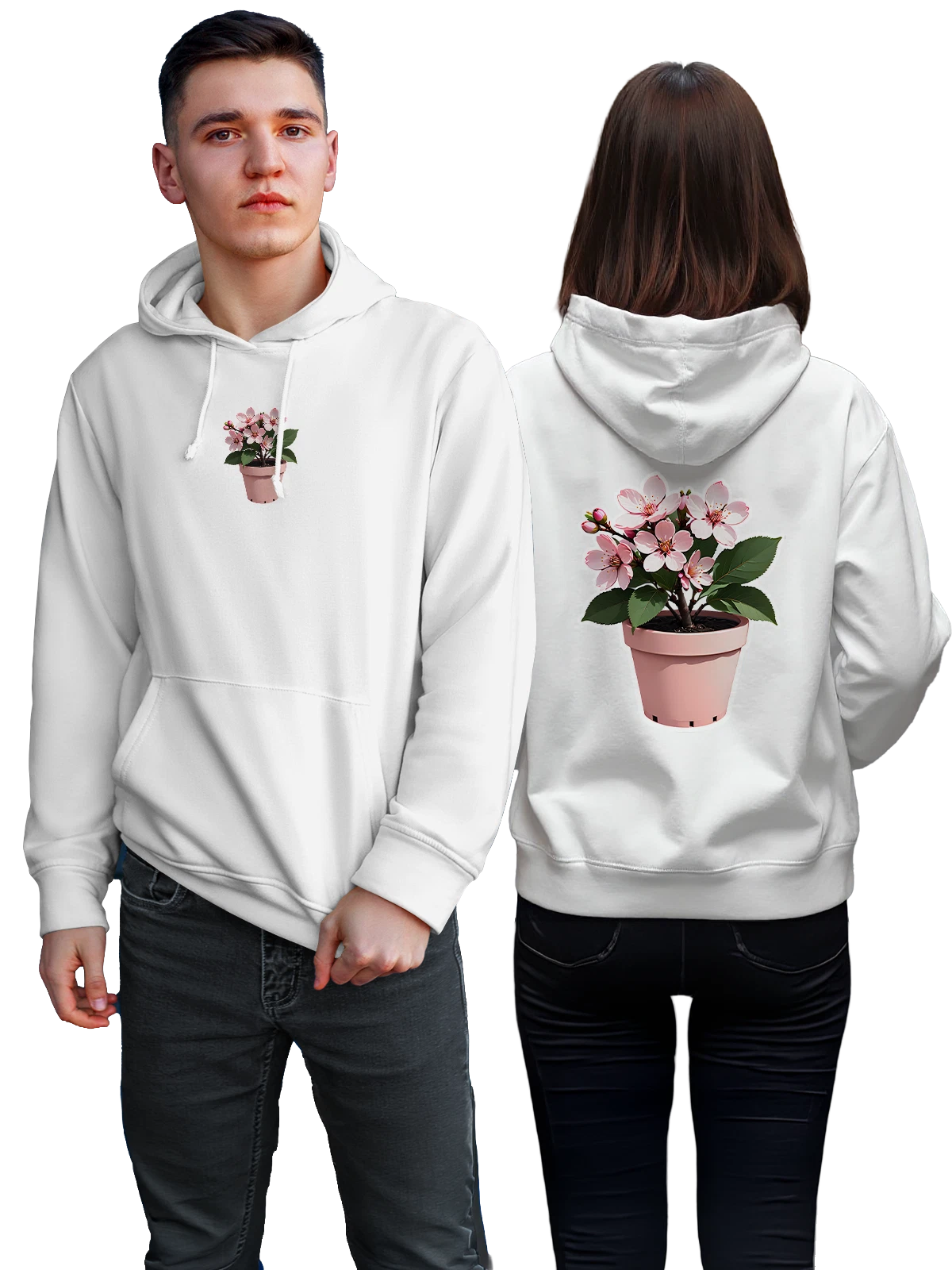 Худи Цветущая вишня в розовом горшке белое с принтом — садовая ботаника — Белая, фото 1