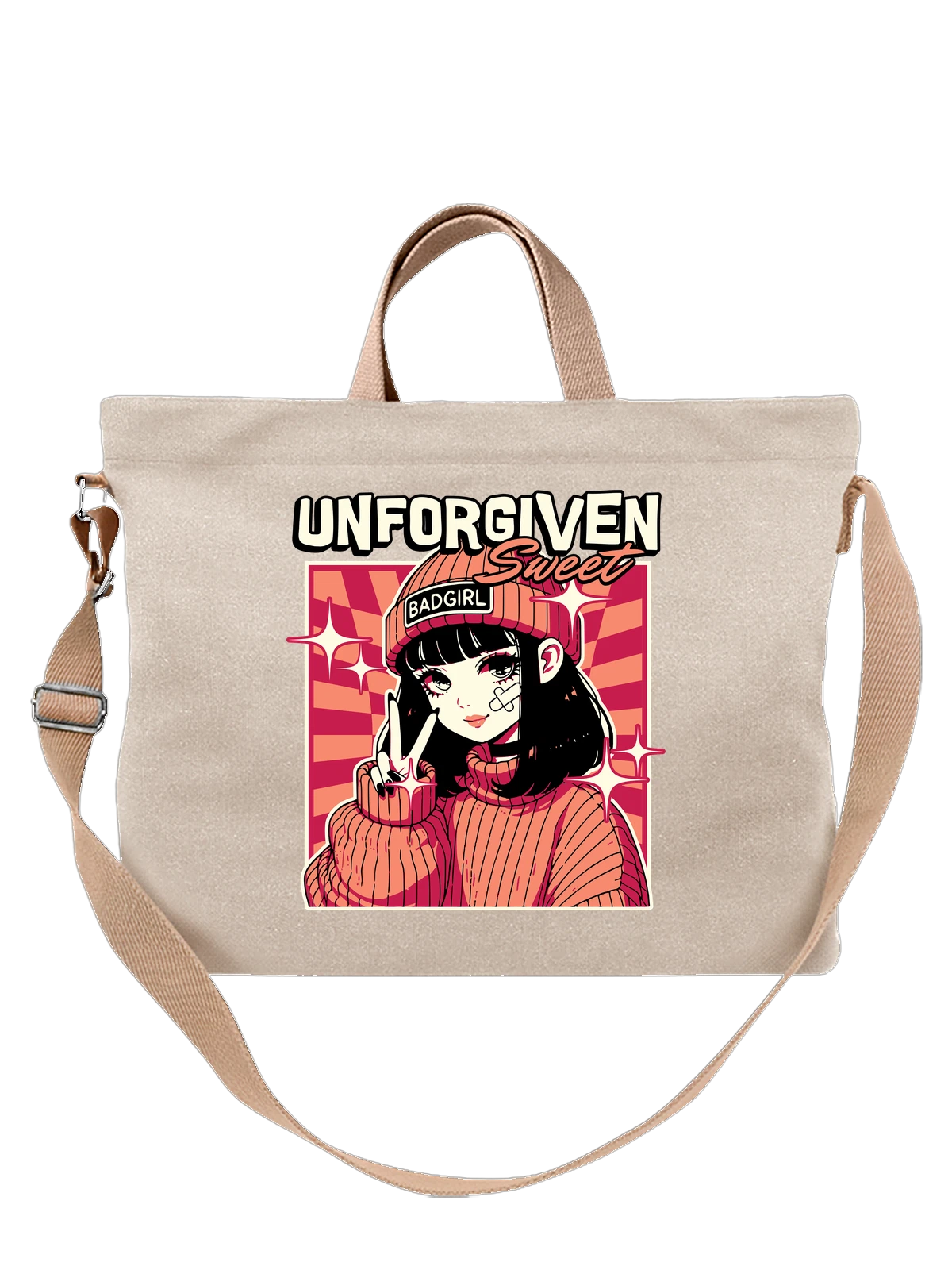 Сумка бежевая с принтом Аниме девушка в шапке Badgirl Sweet Unforgiven — черные волосы — Бежевая, фото 1