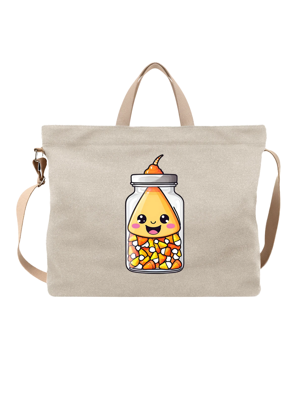 Сумка бежевая с принтом Стеклянная банка с candy corn для Хэллоуина — smiling face — Бежевая, фото 1