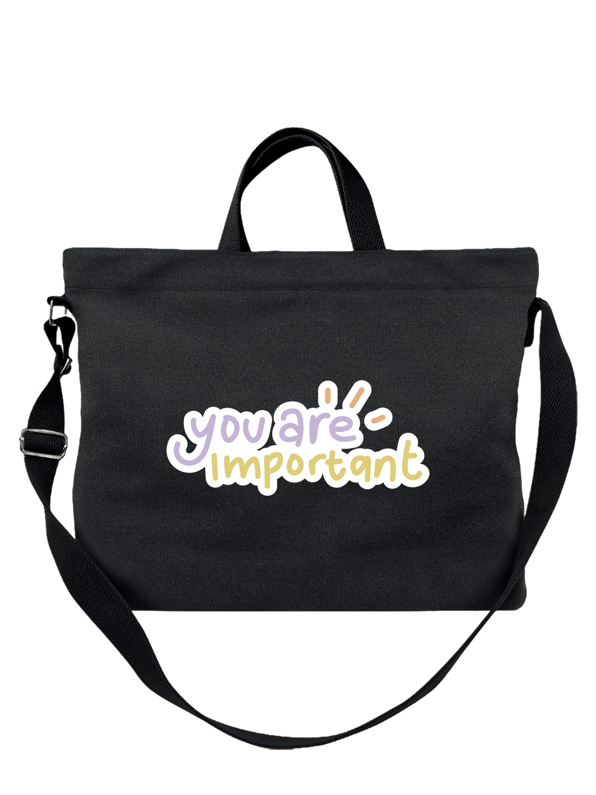 Сумка чёрная с принтом You are important надпись с акцентом — белая обводка — Чёрная, фото 1