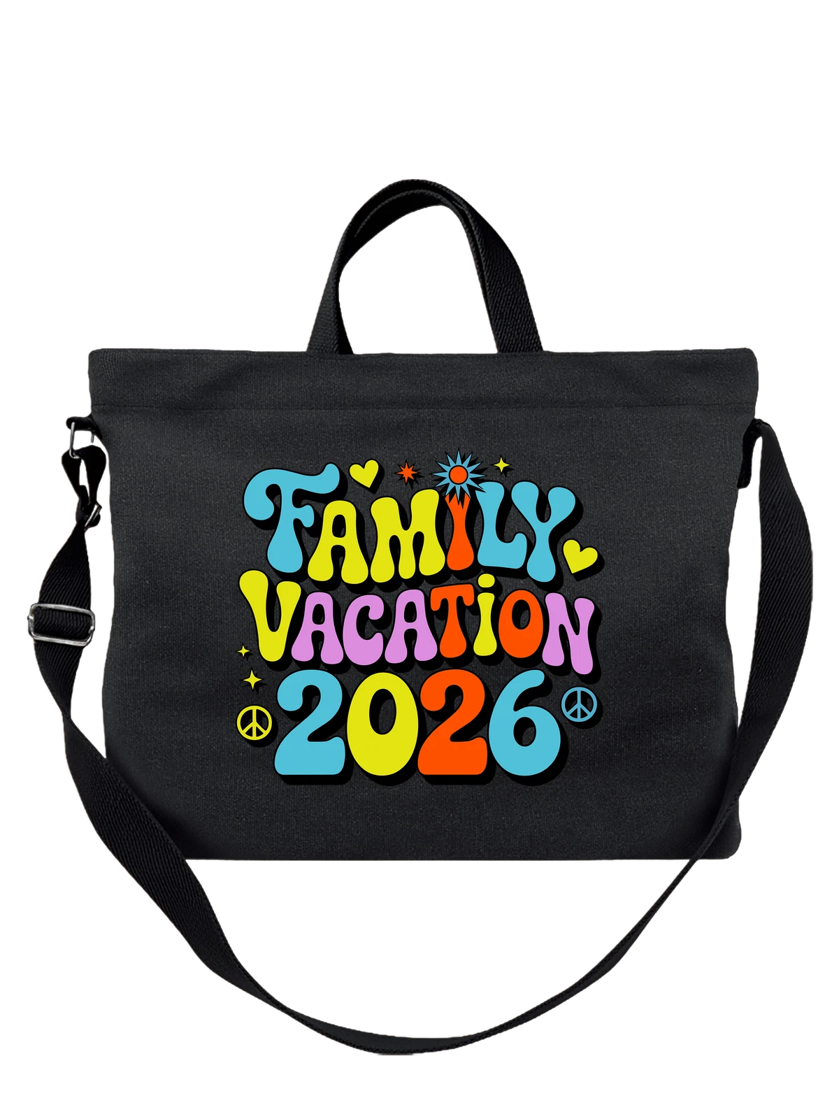 Сумка чёрная с принтом Family Vacation 2026 цветная надпись — летние каникулы — Чёрная, фото 1