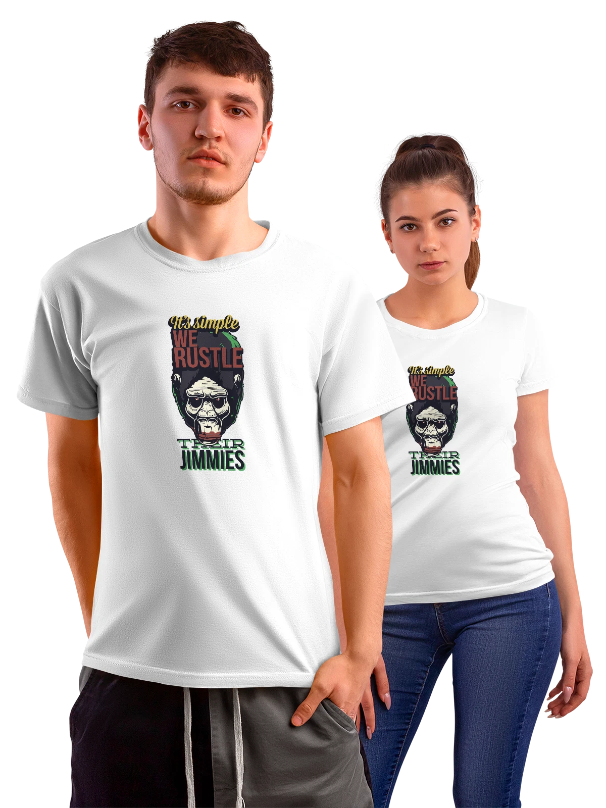 Футболка Горилла с надписью WE RUSTLE JIMMIES белая с принтом — we rustle — Белая, фото 1