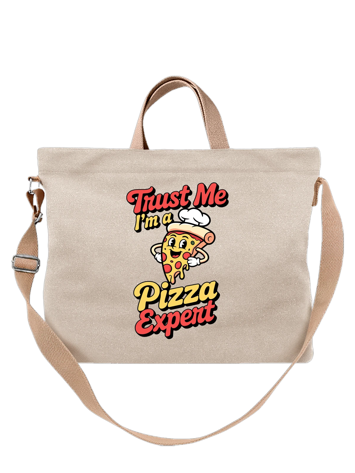 Сумка бежевая с принтом Улыбающаяся пицца повар с текстом Trust Me — Trust Me I’m a Pizza Expert — Бежевая, фото 1